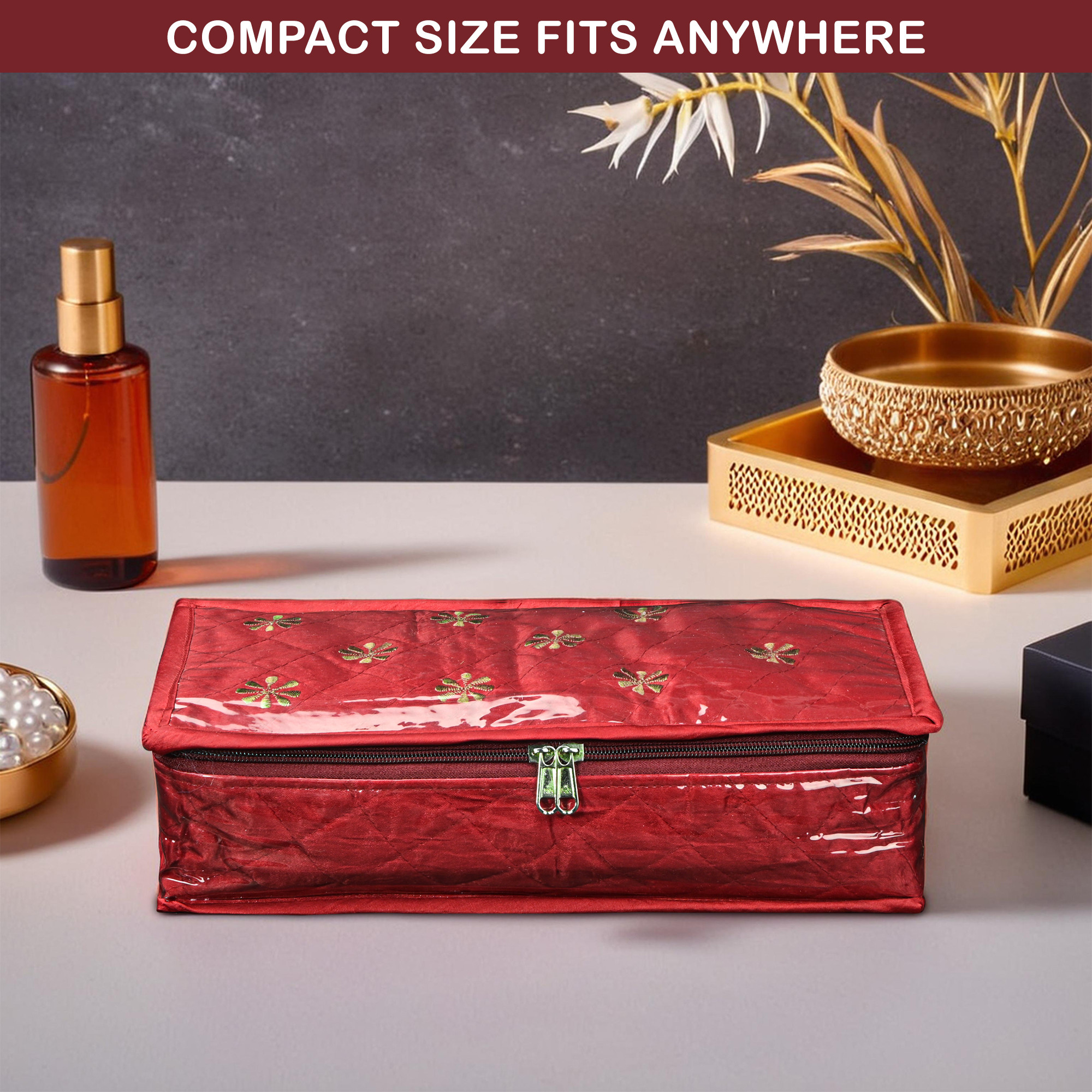 Kuber Industries Satan Jewellery Organisers Pouch for Women with 5 Compartment  1 Bangle Holder  Lightweight Jewellery Kit for Necklace  Rings  Embroidery Design - Maroon