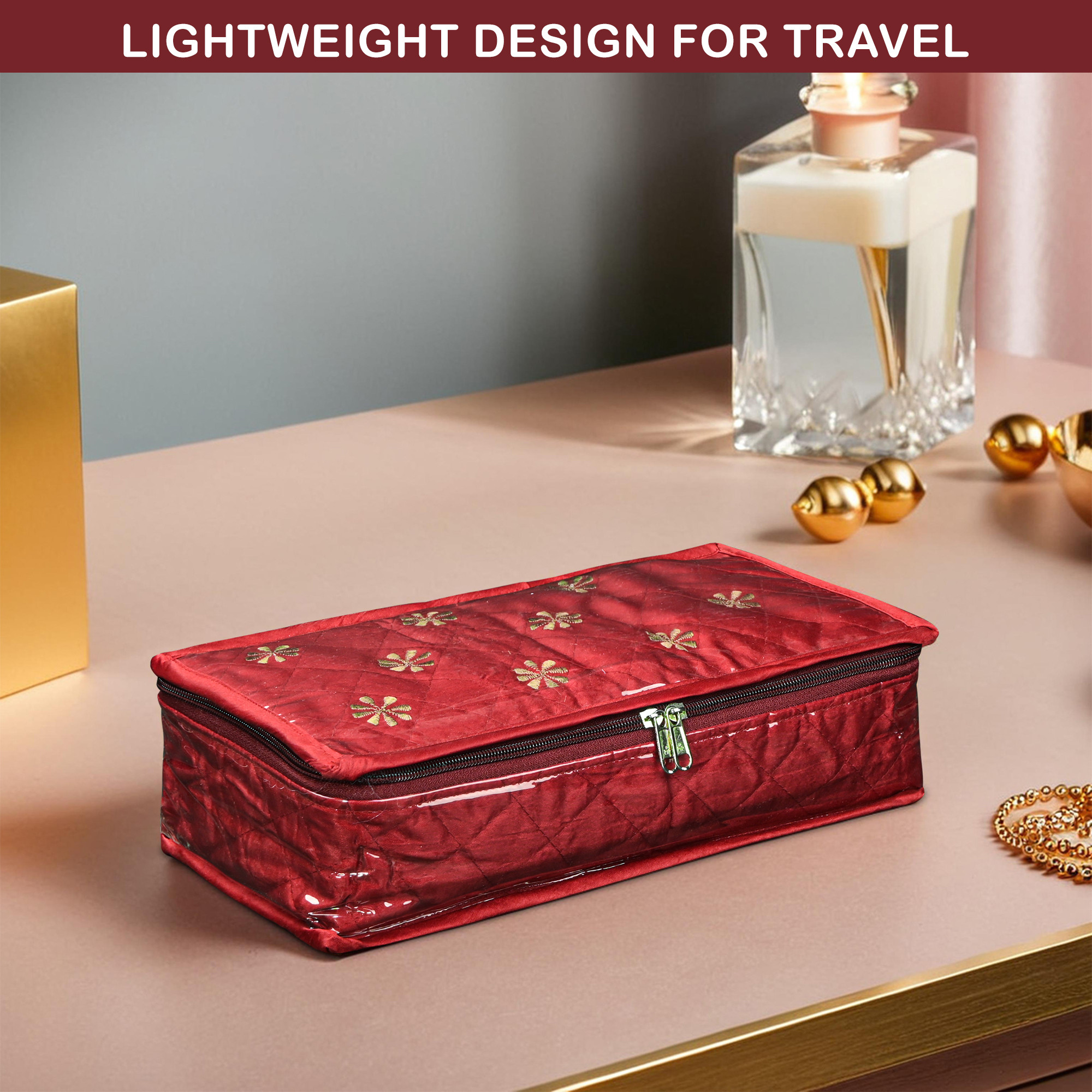 Kuber Industries Satan Jewellery Organisers Pouch for Women with 5 Compartment  1 Bangle Holder  Lightweight Jewellery Kit for Necklace  Rings  Embroidery Design - Maroon