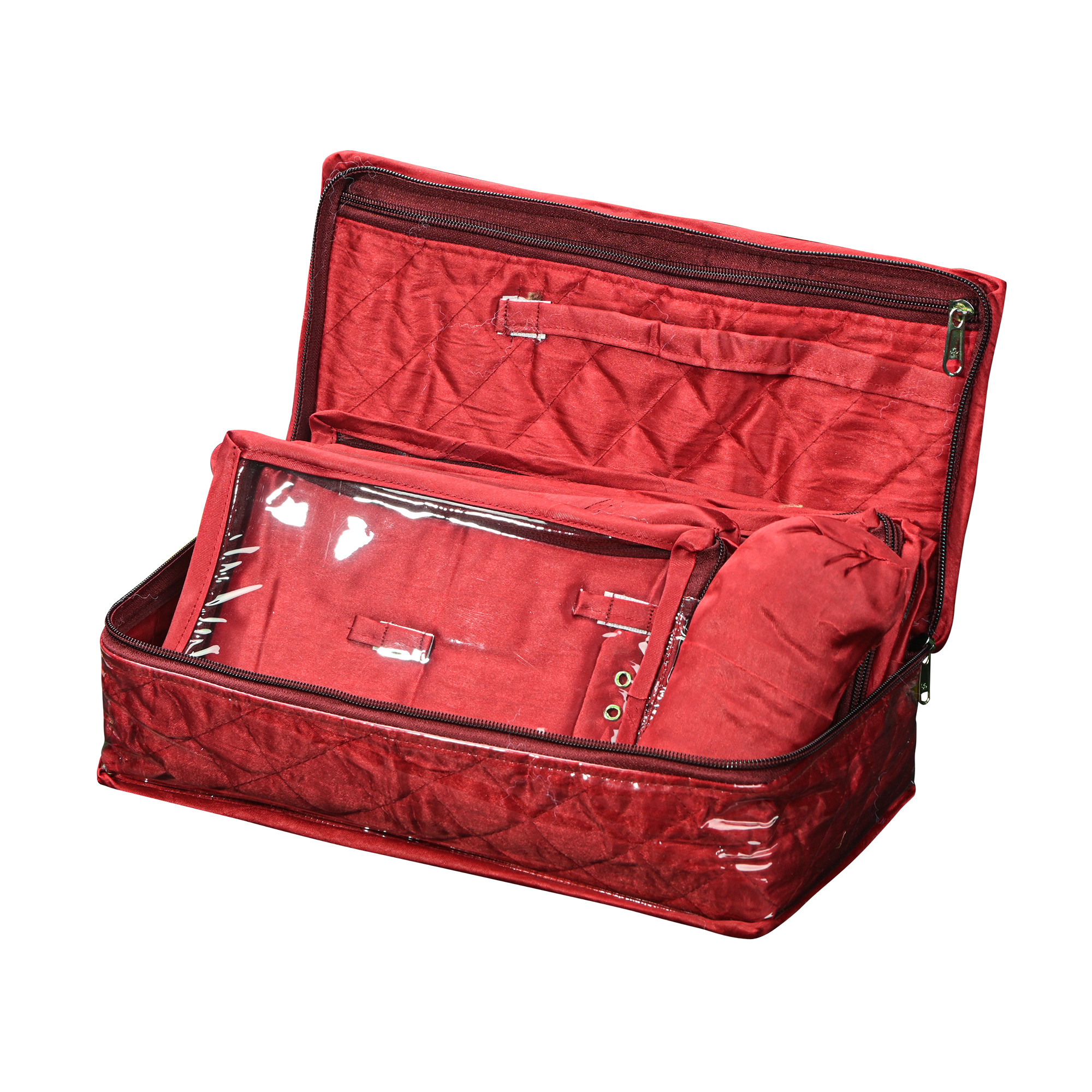 Kuber Industries Satan Jewellery Organisers Pouch for Women with 5 Compartment  1 Bangle Holder  Lightweight Jewellery Kit for Necklace  Rings  Embroidery Design - Maroon