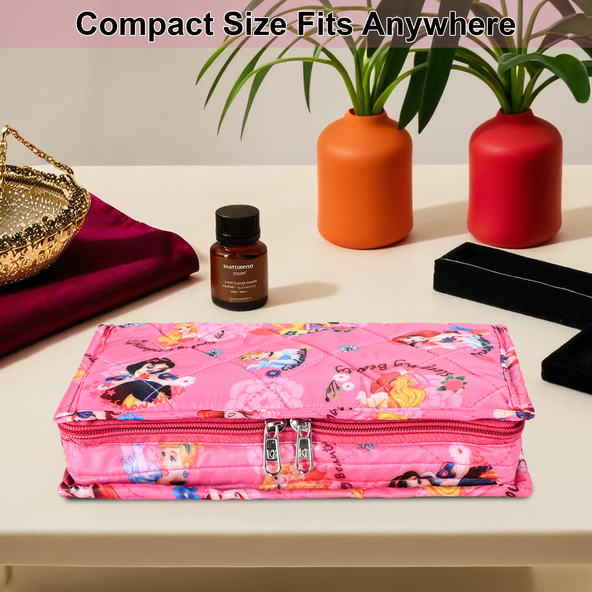 Kuber Industries Satan Jewellery Organisers Pouch for Women with Multiple Compartment  Compact and Lightweight Jewellery Kit for Necklace  Rings  Princess Print - Pink