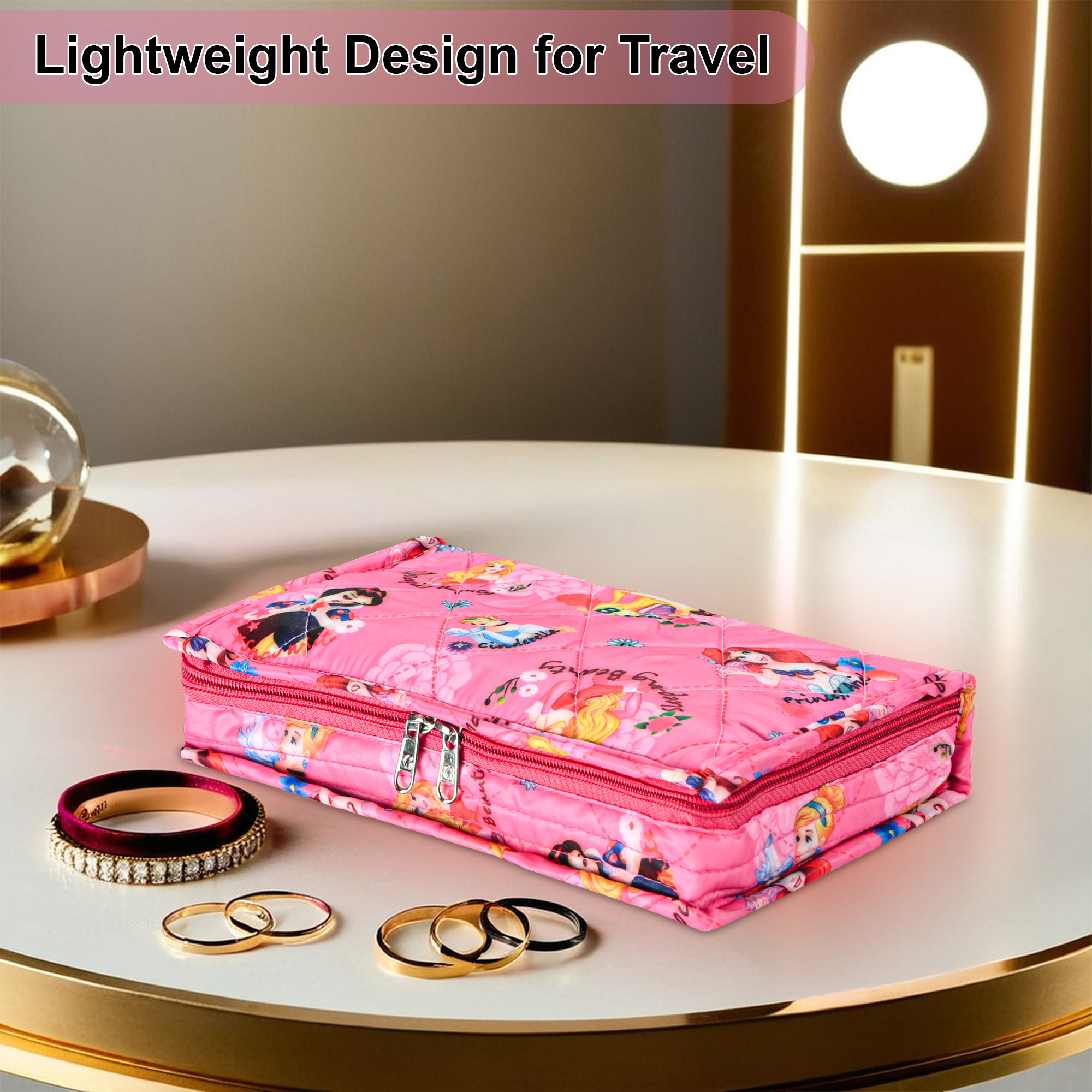 Kuber Industries Satan Jewellery Organisers Pouch for Women with Multiple Compartment  Compact and Lightweight Jewellery Kit for Necklace  Rings  Princess Print - Pink