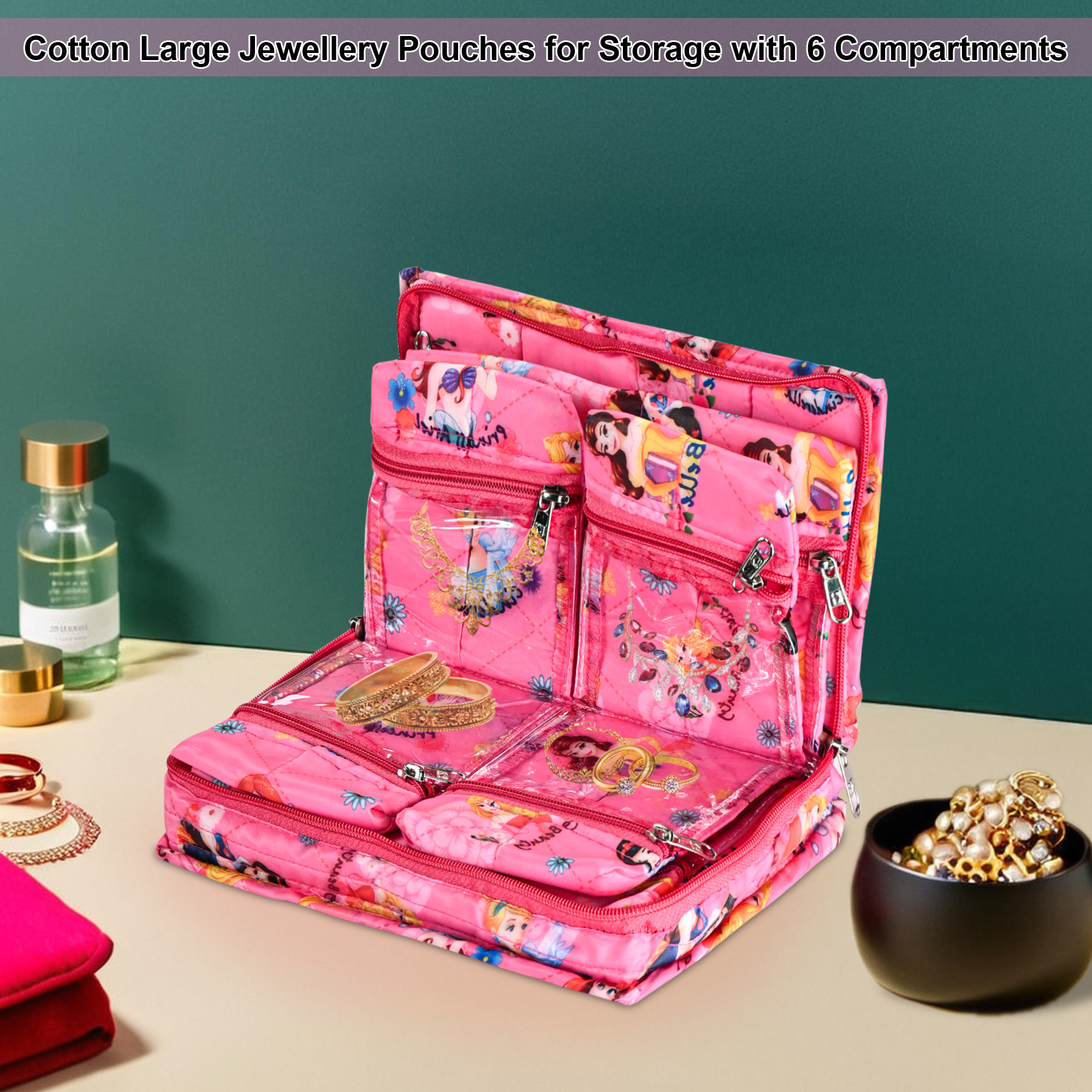 Kuber Industries Satan Jewellery Organisers Pouch for Women with Multiple Compartment  Compact and Lightweight Jewellery Kit for Necklace  Rings  Princess Print - Pink