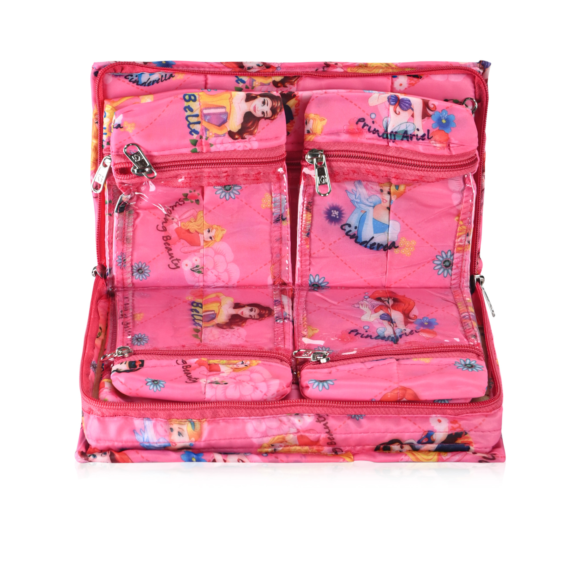 Kuber Industries Satan Jewellery Organisers Pouch for Women with Multiple Compartment  Compact and Lightweight Jewellery Kit for Necklace  Rings  Princess Print - Pink