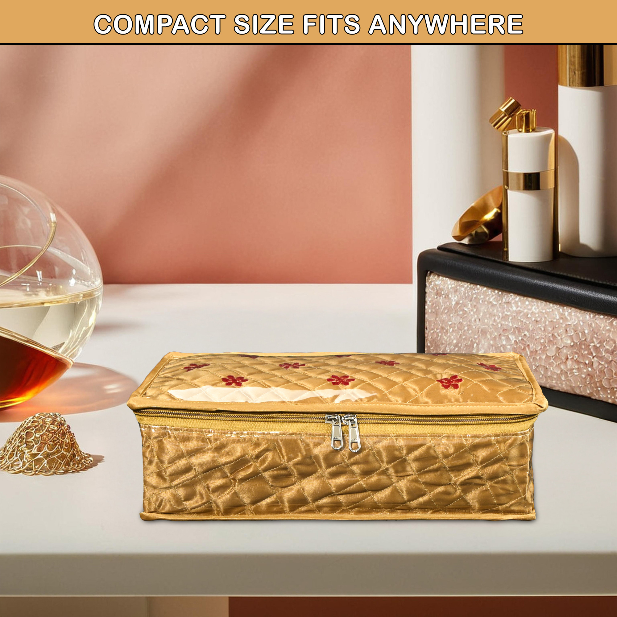 Kuber Industries Satan Small Jewellery Pouches for Storage with 5 Pouches and 1 Bangle Roll  Jewellery Kit  Bag  Organiser for Women  Embroidery Design - Golden