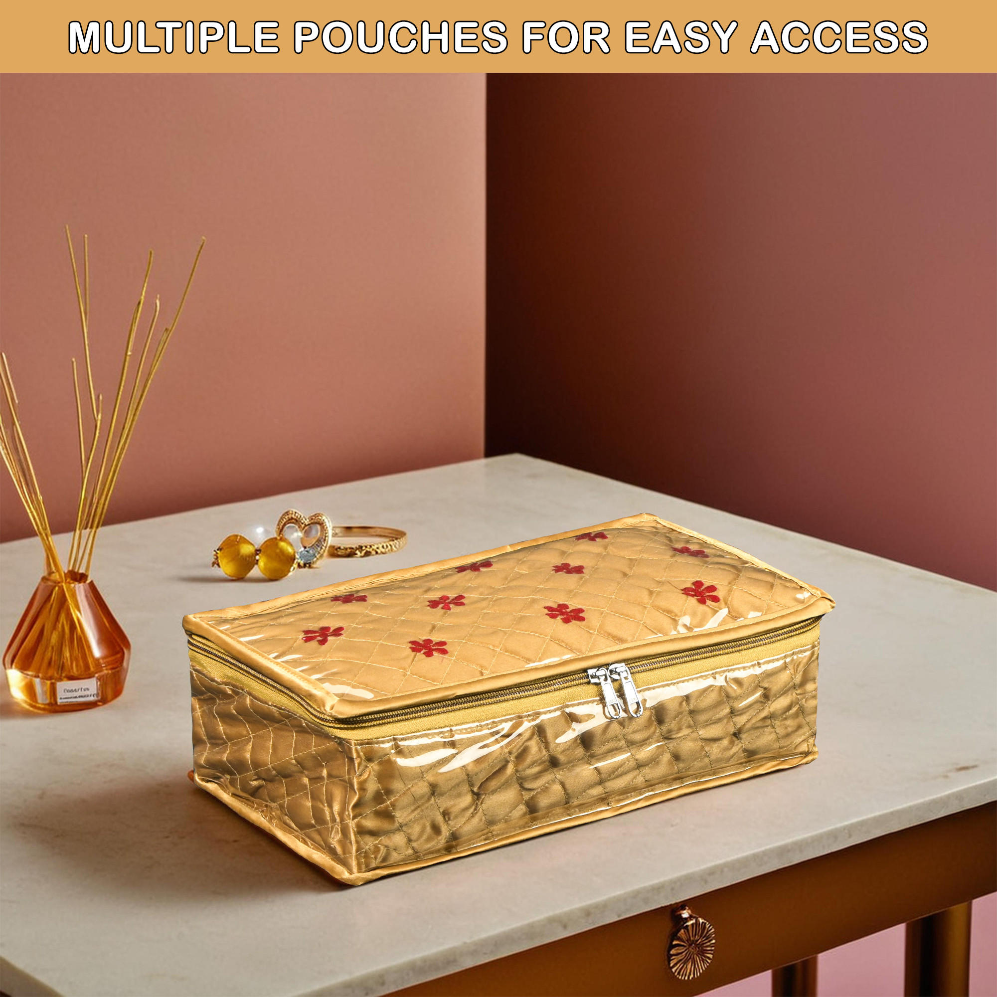 Kuber Industries Satan Small Jewellery Pouches for Storage with 5 Pouches and 1 Bangle Roll  Jewellery Kit  Bag  Organiser for Women  Embroidery Design - Golden