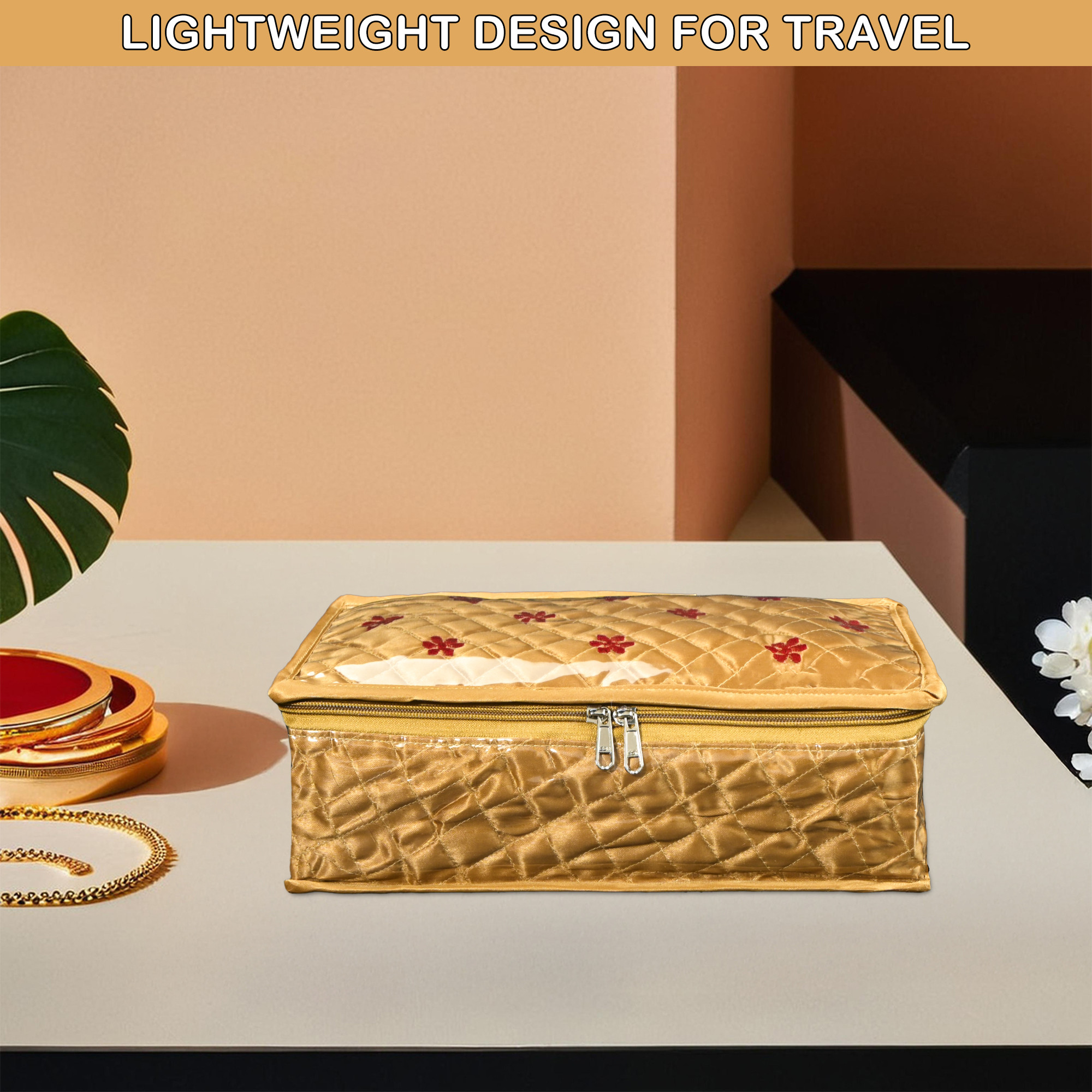 Kuber Industries Satan Small Jewellery Pouches for Storage with 5 Pouches and 1 Bangle Roll  Jewellery Kit  Bag  Organiser for Women  Embroidery Design - Golden