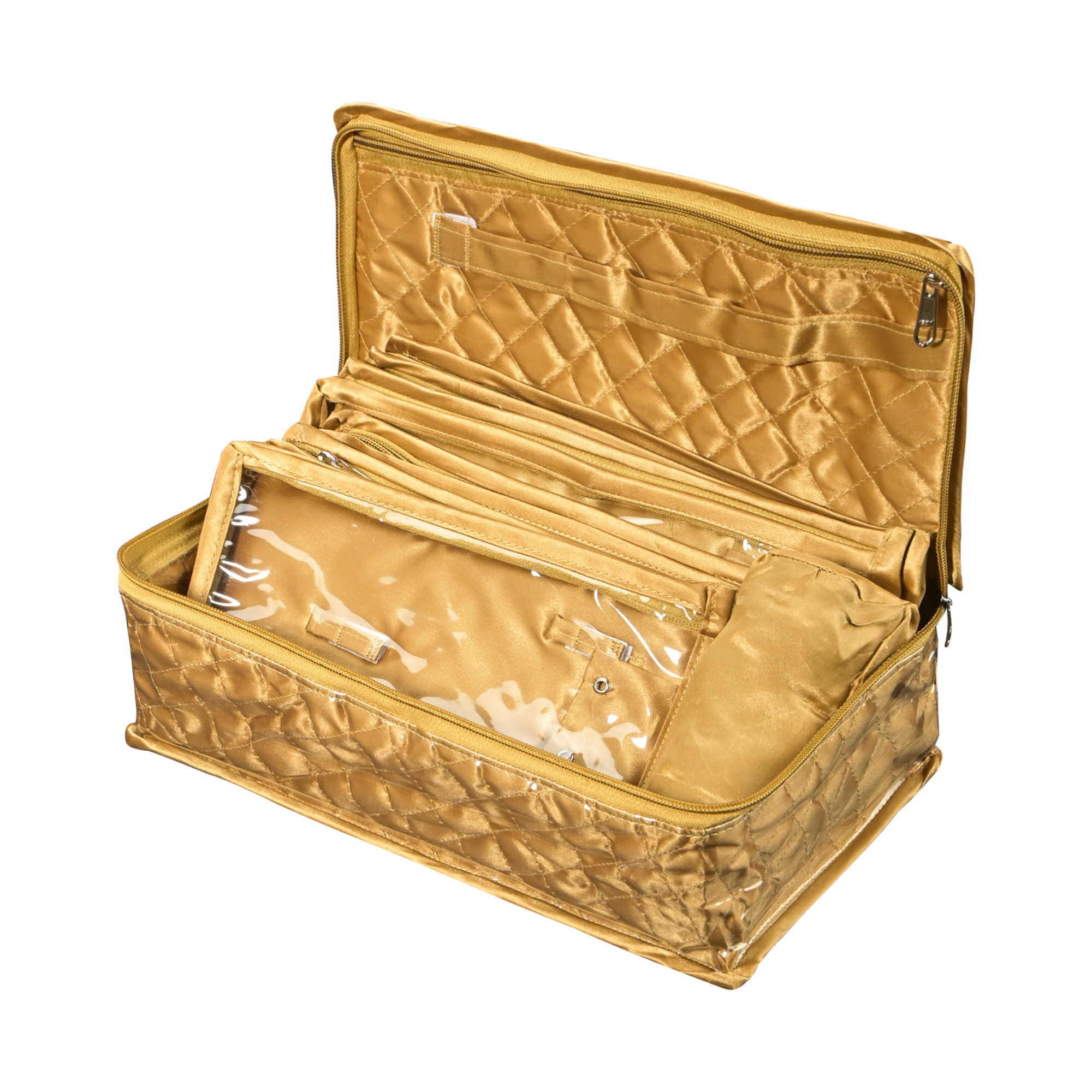 Kuber Industries Satan Small Jewellery Pouches for Storage with 5 Pouches and 1 Bangle Roll  Jewellery Kit  Bag  Organiser for Women  Embroidery Design - Golden