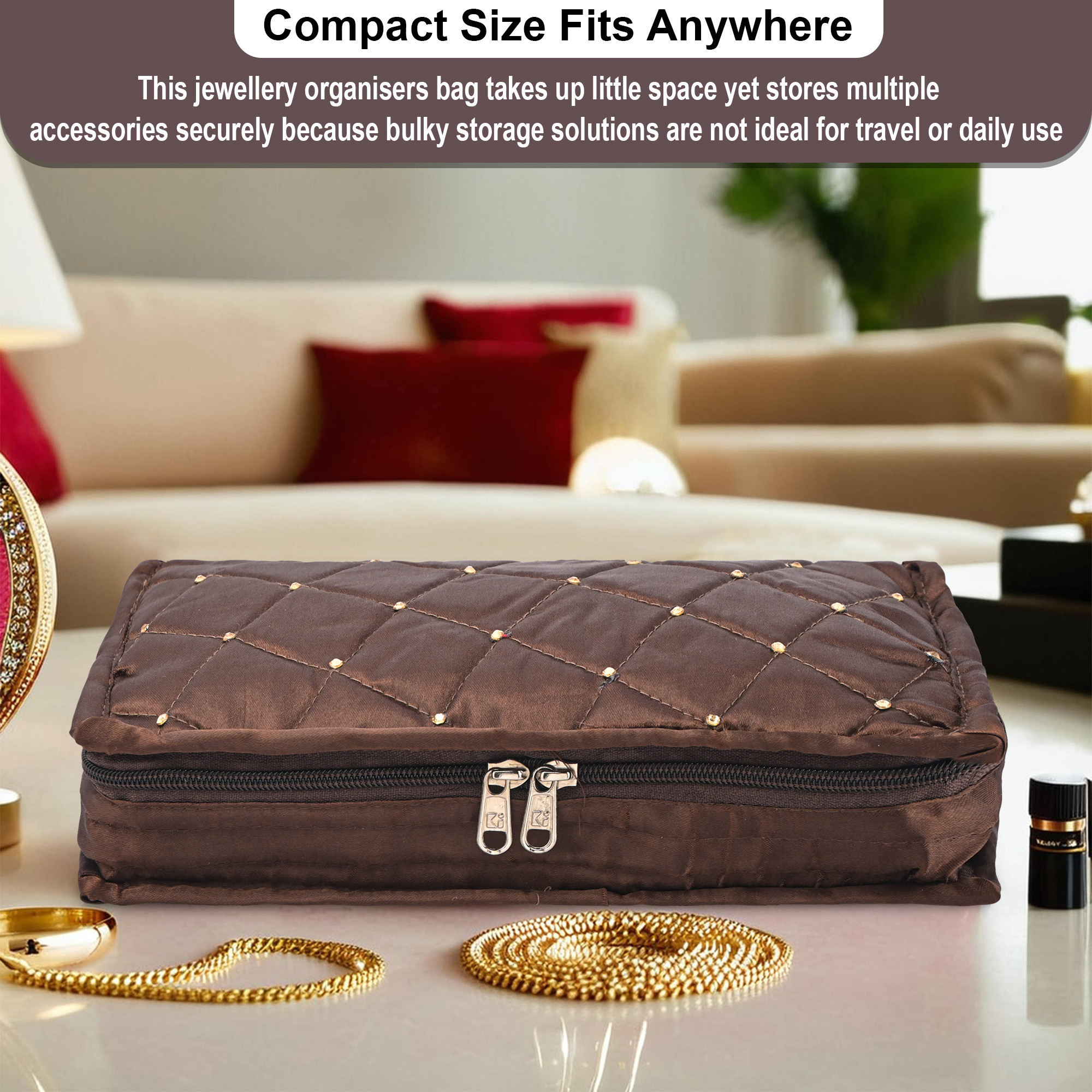 Kuber Industries Satin  Jewellery Kit with 6 Pouches  Foldable Jewellery Organisers Bag for Necklaces Rings Earrings  Bracelets  Moti Design - Brown