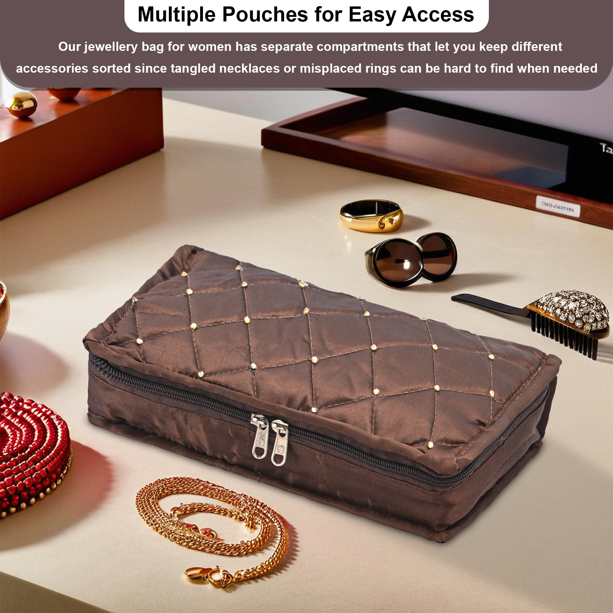 Kuber Industries Satin  Jewellery Kit with 6 Pouches  Foldable Jewellery Organisers Bag for Necklaces Rings Earrings  Bracelets  Moti Design - Brown