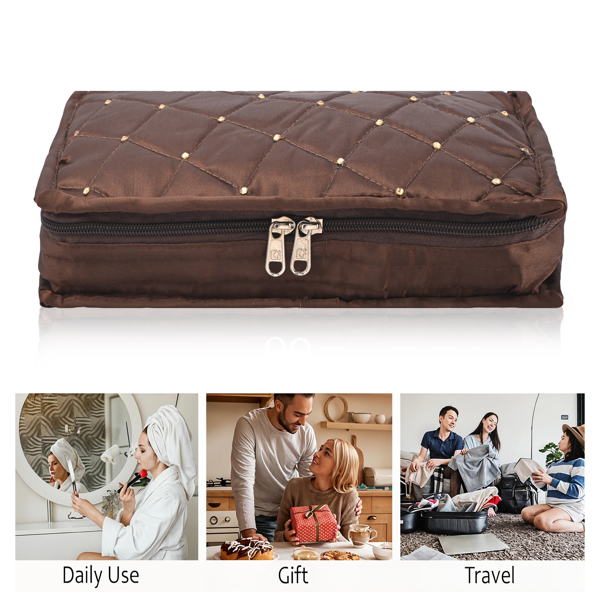 Kuber Industries Satin  Jewellery Kit with 6 Pouches  Foldable Jewellery Organisers Bag for Necklaces Rings Earrings  Bracelets  Moti Design - Brown