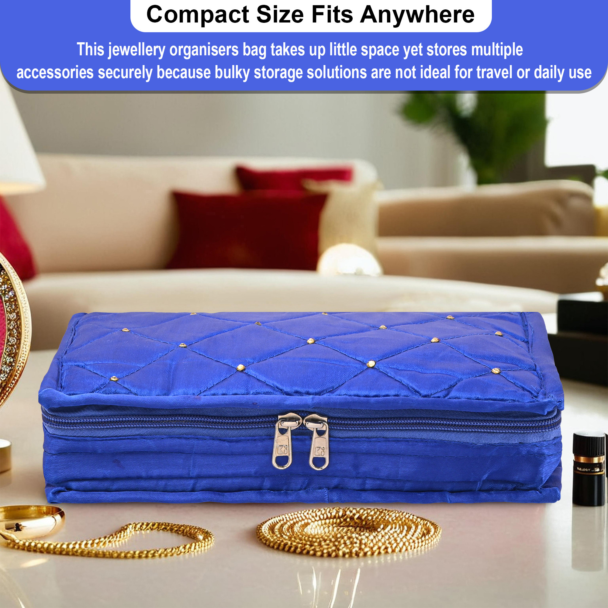 Kuber Industries Satin  Jewellery Kit with 6 Pouches  Foldable Jewellery Organisers Bag for Necklaces Rings Earrings  Bracelets  Moti Design - Blue