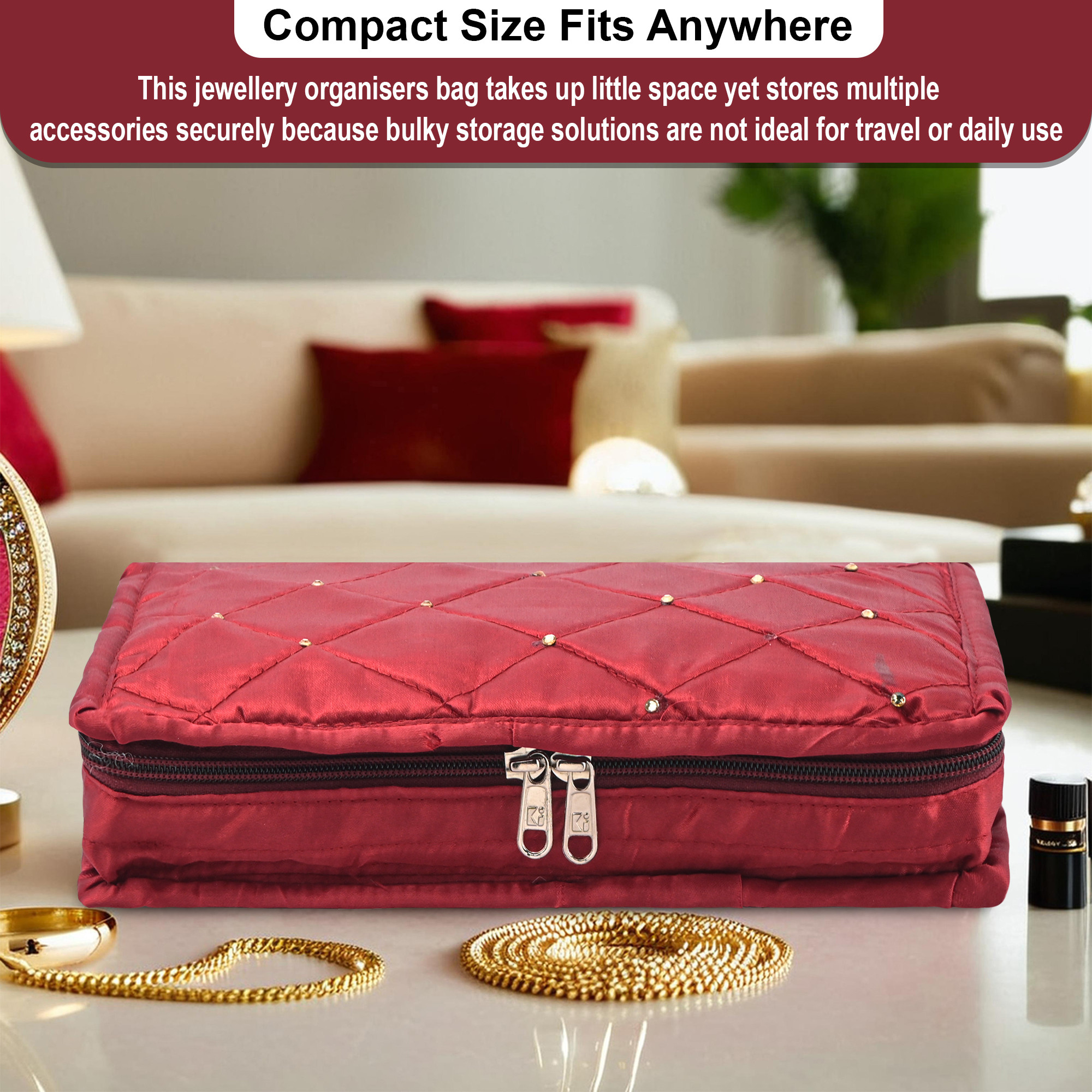 Kuber Industries Satin  Jewellery Kit with 6 Pouches  Foldable Jewellery Organisers Bag for Necklaces Rings Earrings  Bracelets  Moti Design - Maroon