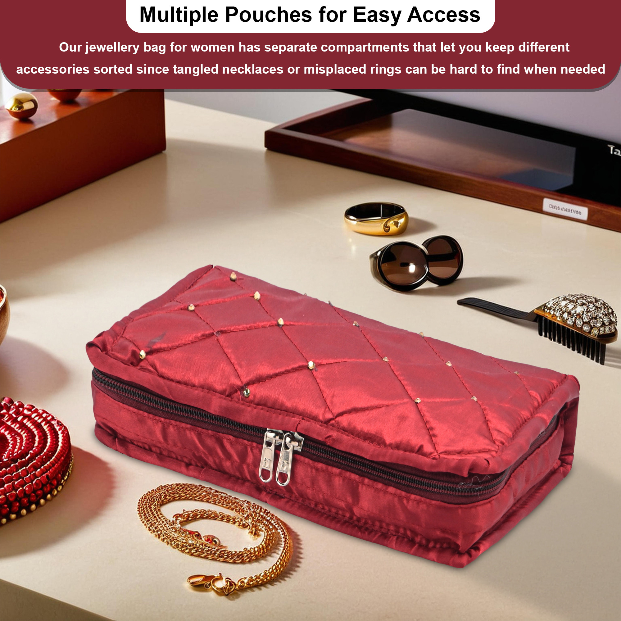 Kuber Industries Satin  Jewellery Kit with 6 Pouches  Foldable Jewellery Organisers Bag for Necklaces Rings Earrings  Bracelets  Moti Design - Maroon