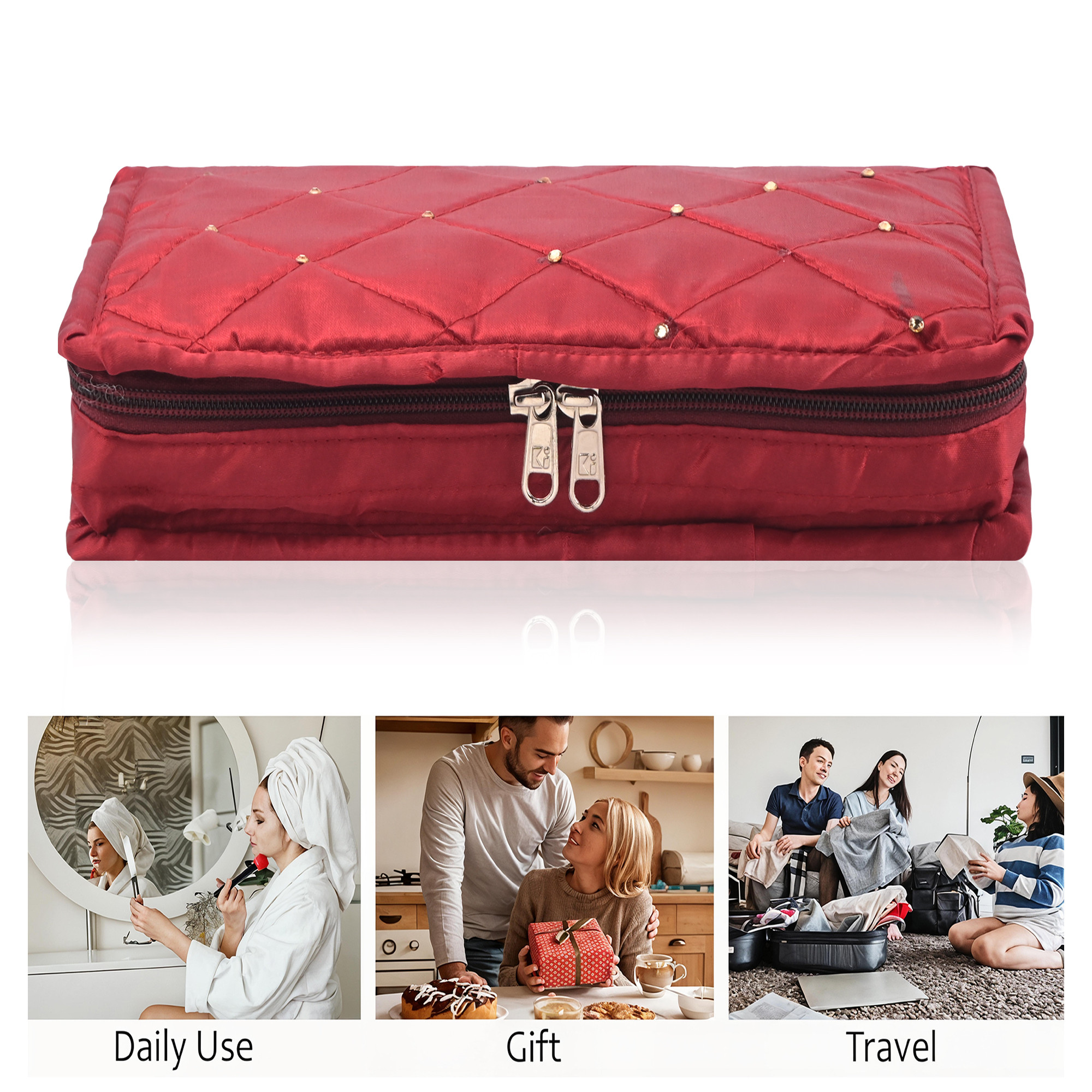 Kuber Industries Satin  Jewellery Kit with 6 Pouches  Foldable Jewellery Organisers Bag for Necklaces Rings Earrings  Bracelets  Moti Design - Maroon