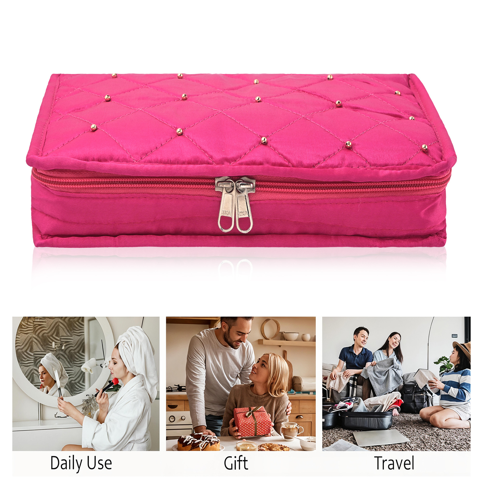 Kuber Industries Satin  Jewellery Kit with 6 Pouches  Foldable Jewellery Organisers Bag for Necklaces Rings Earrings  Bracelets  Moti Design - Pink