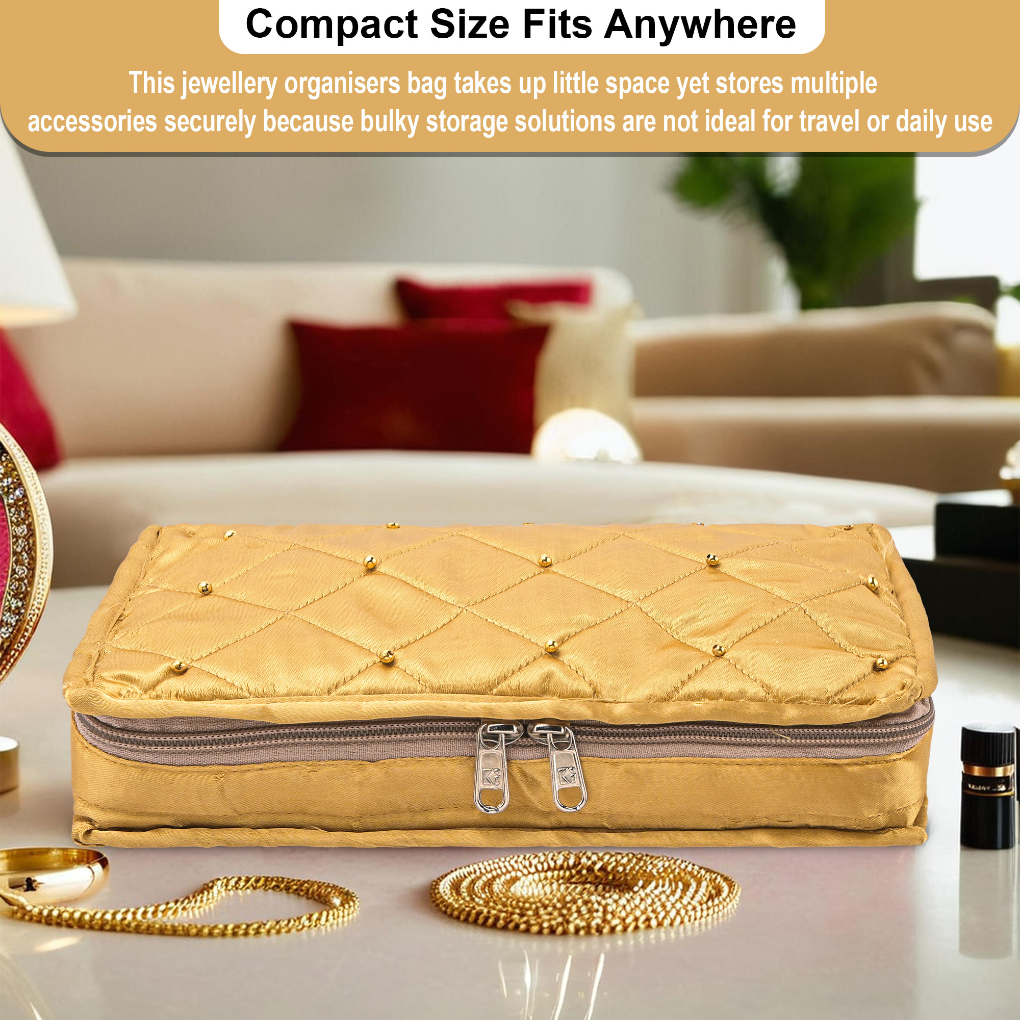 Kuber Industries Satin  Jewellery Kit with 6 Pouches  Foldable Jewellery Organisers Bag for Necklaces Rings Earrings  Bracelets  Moti Design - Golden