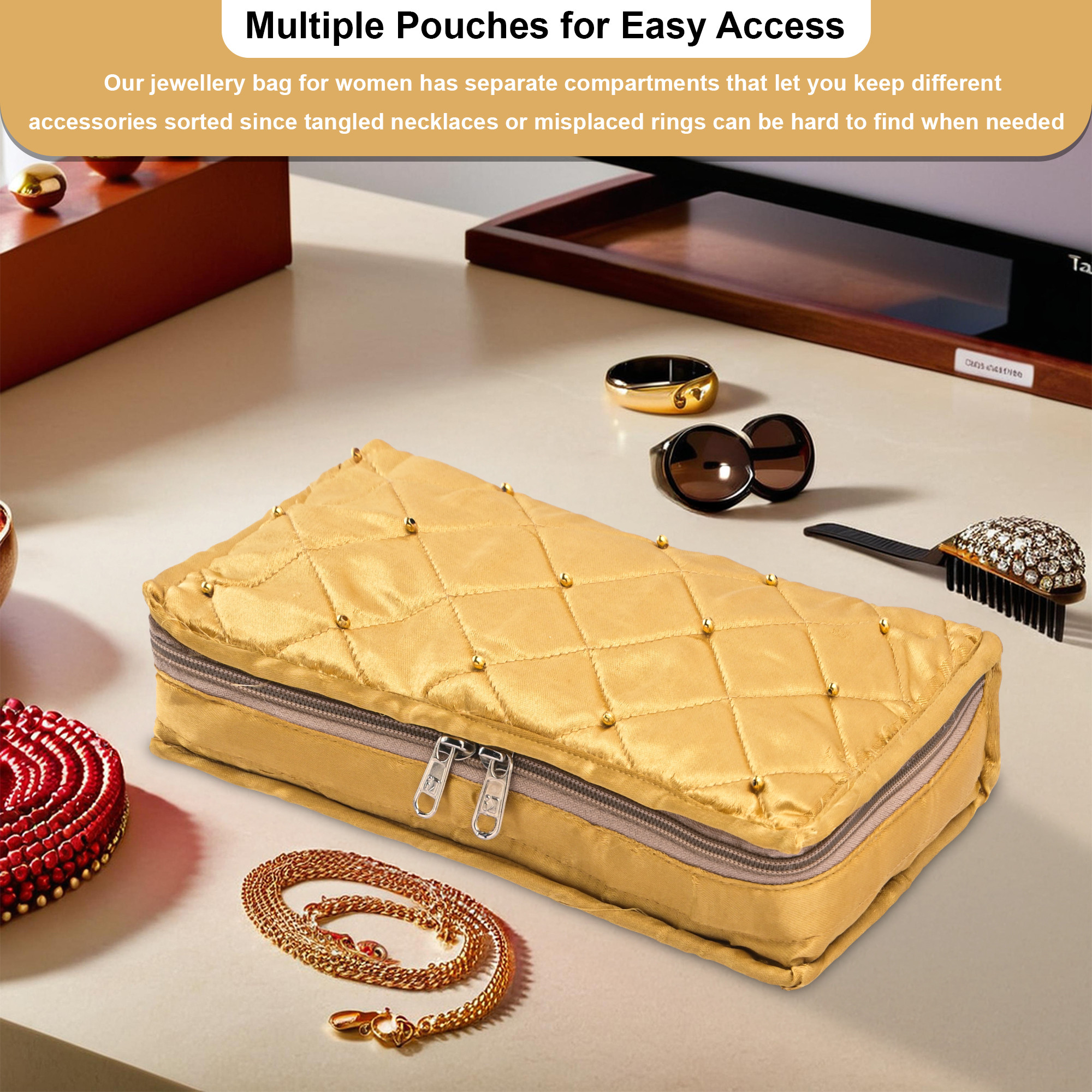 Kuber Industries Satin  Jewellery Kit with 6 Pouches  Foldable Jewellery Organisers Bag for Necklaces Rings Earrings  Bracelets  Moti Design - Golden