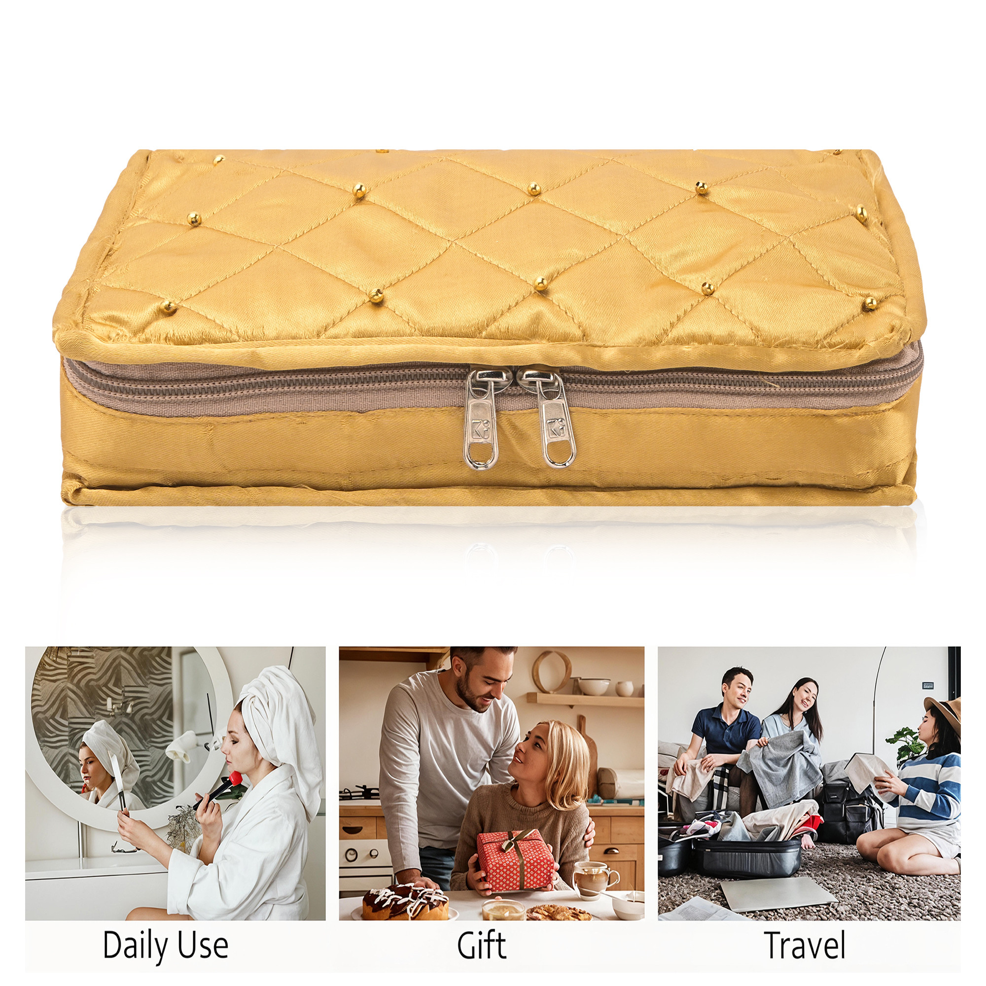 Kuber Industries Satin  Jewellery Kit with 6 Pouches  Foldable Jewellery Organisers Bag for Necklaces Rings Earrings  Bracelets  Moti Design - Golden