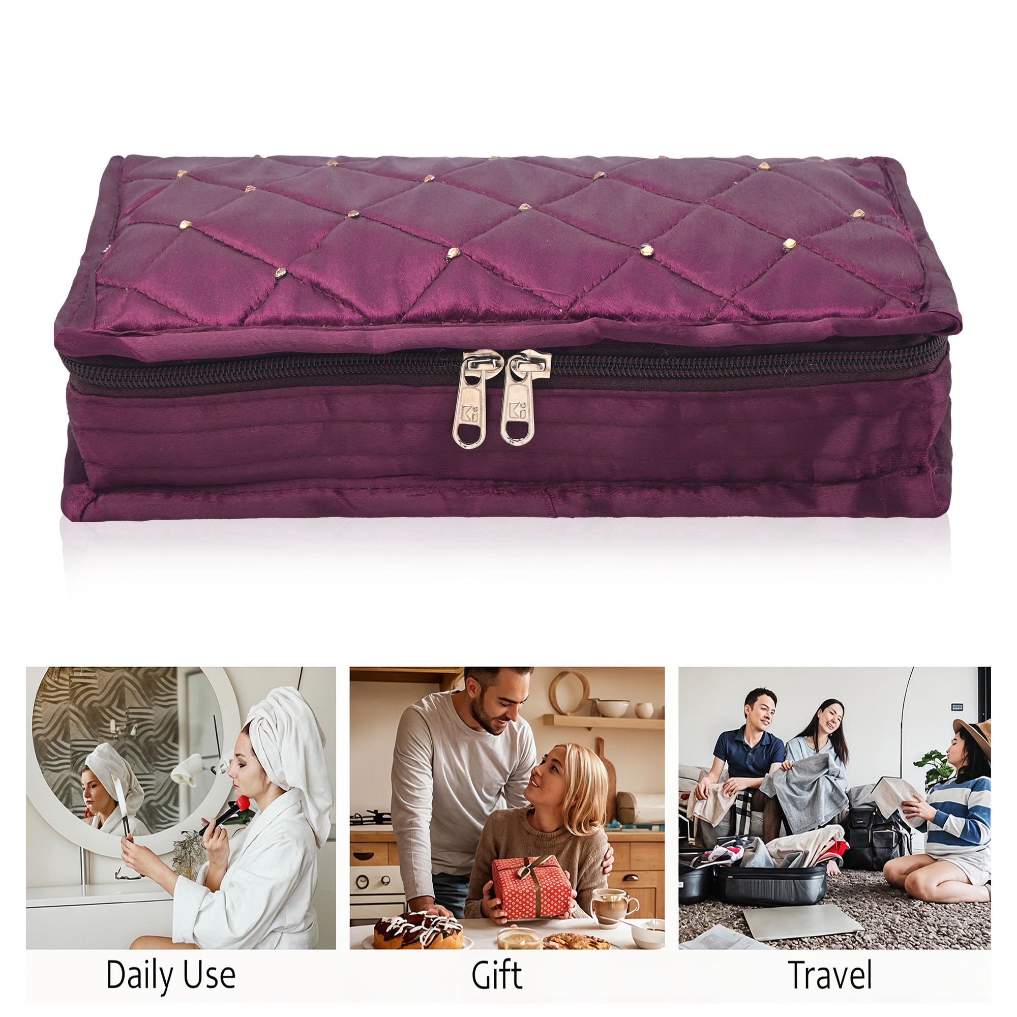 Kuber Industries Satin  Jewellery Kit with 6 Pouches  Foldable Jewellery Organisers Bag for Necklaces Rings Earrings  Bracelets  Moti Design - Purple