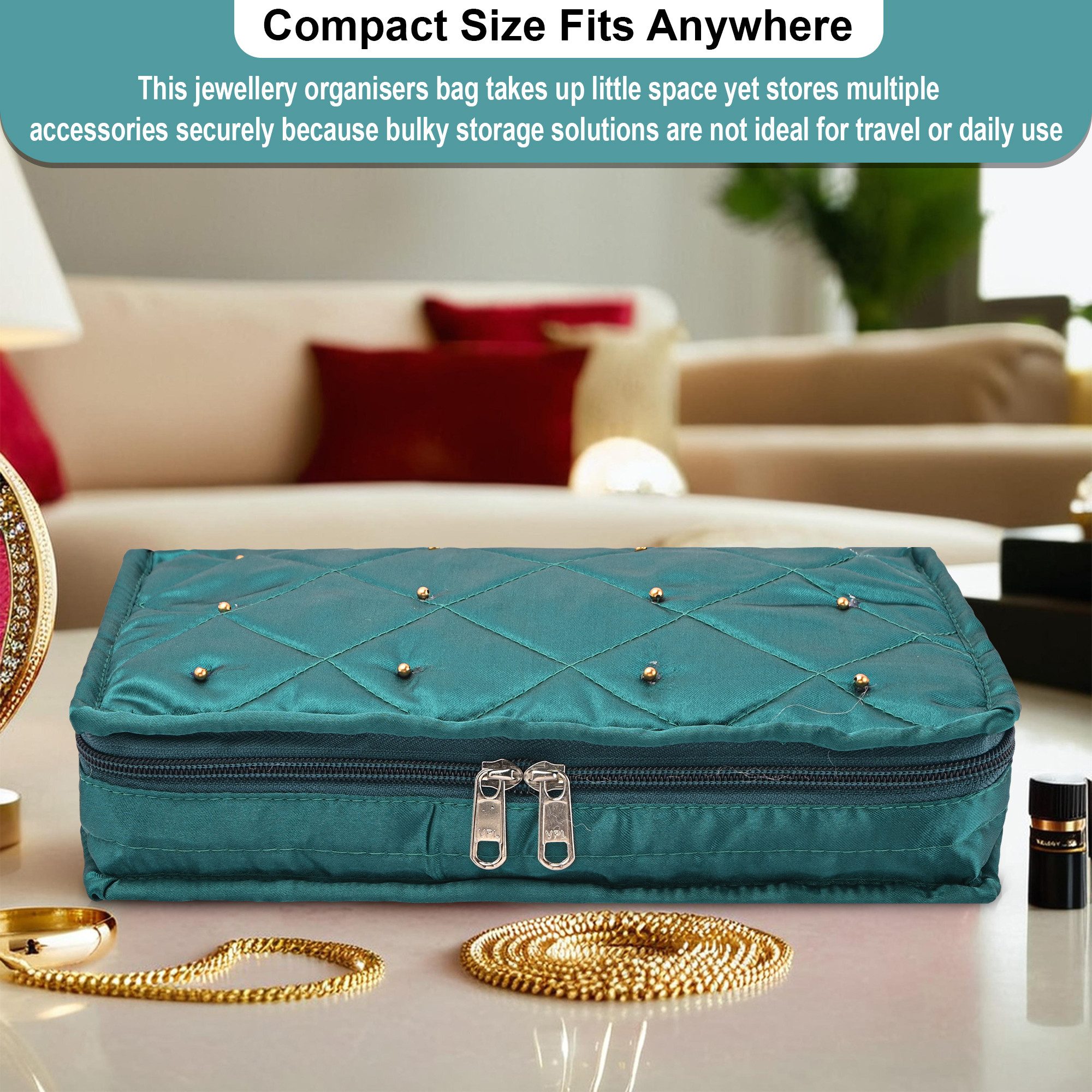 Kuber Industries Satin  Jewellery Kit with 6 Pouches  Foldable Jewellery Organisers Bag for Necklaces Rings Earrings  Bracelets  Moti Design - Green