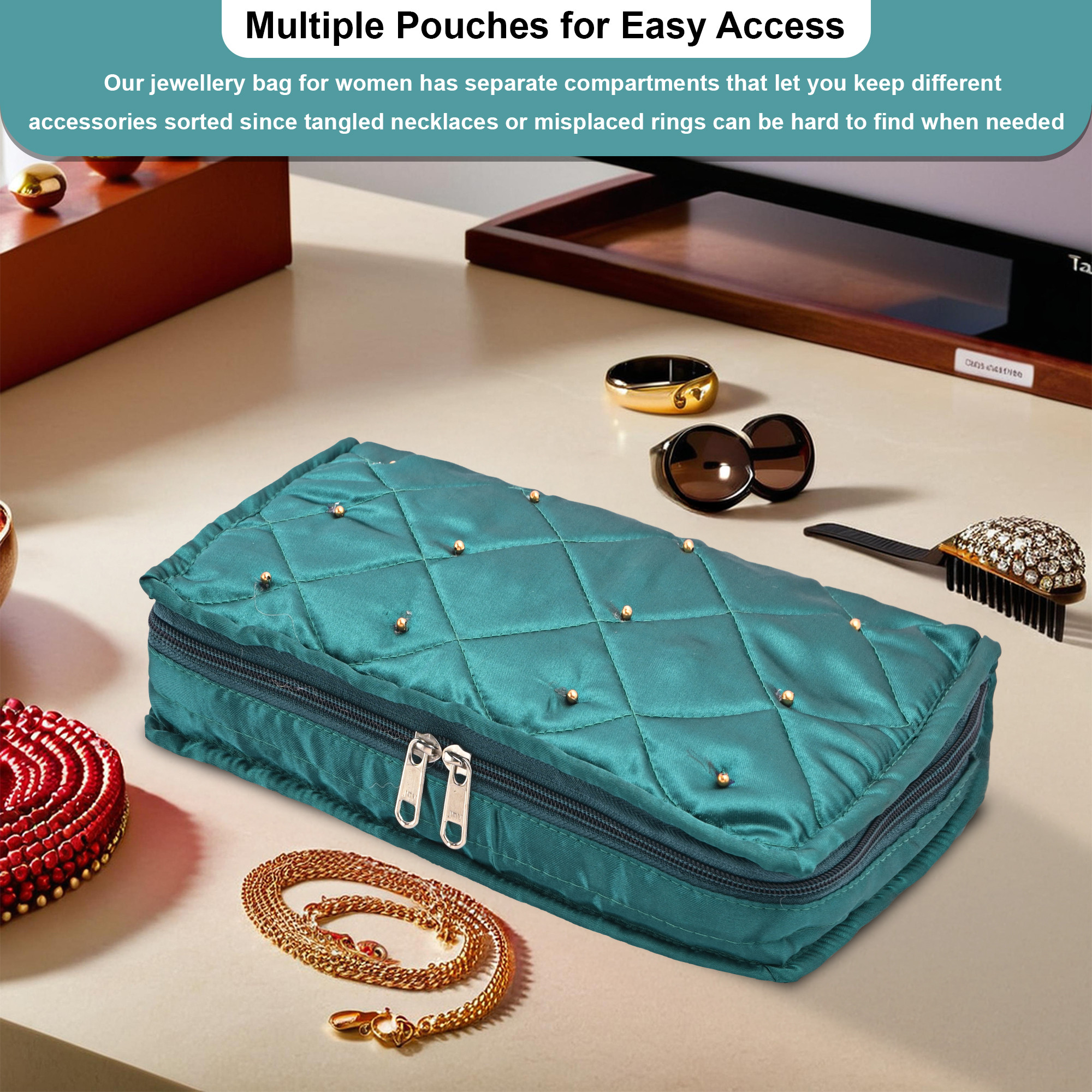 Kuber Industries Satin  Jewellery Kit with 6 Pouches  Foldable Jewellery Organisers Bag for Necklaces Rings Earrings  Bracelets  Moti Design - Green