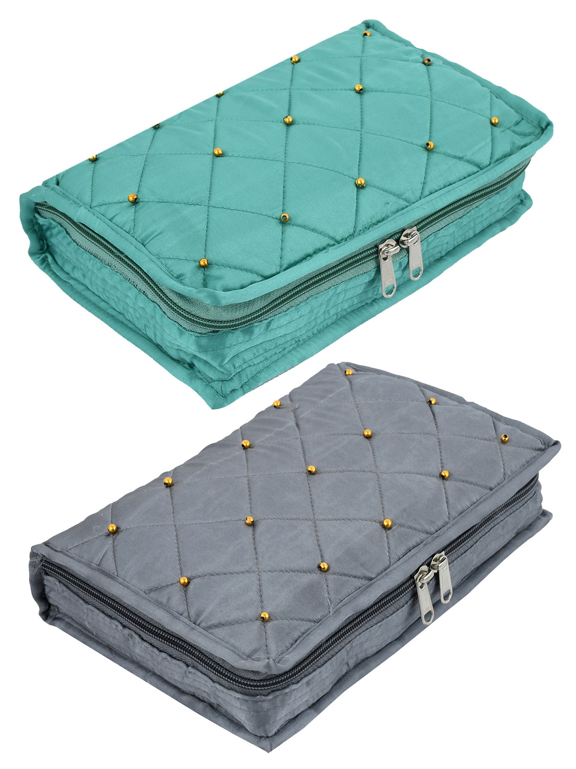 Kuber Industries Satin Beads Design 2 Pieces Jewellery Pouch Cum Makeup Oragniser Kit (Green & Grey)