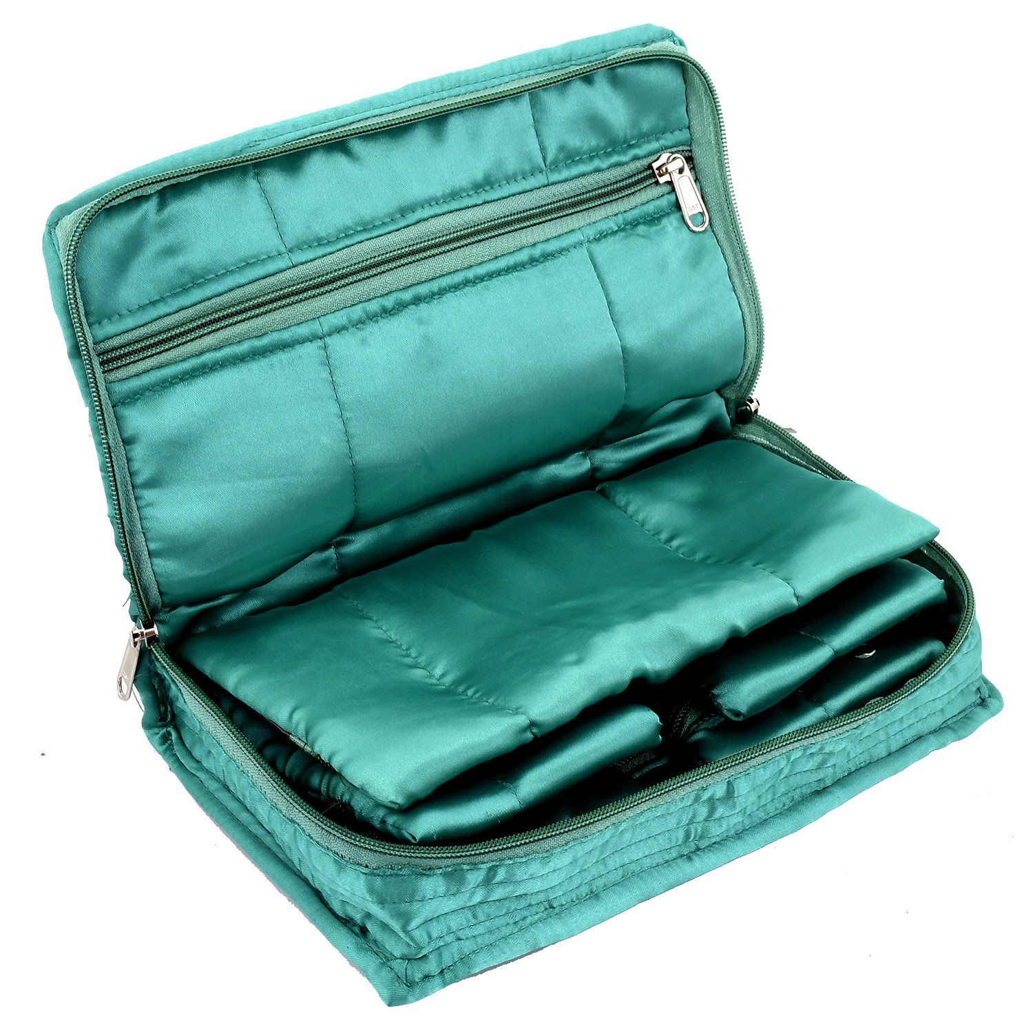 Kuber Industries Satin Beads Design 2 Pieces Jewellery Pouch Cum Makeup Oragniser Kit (Green & Grey)
