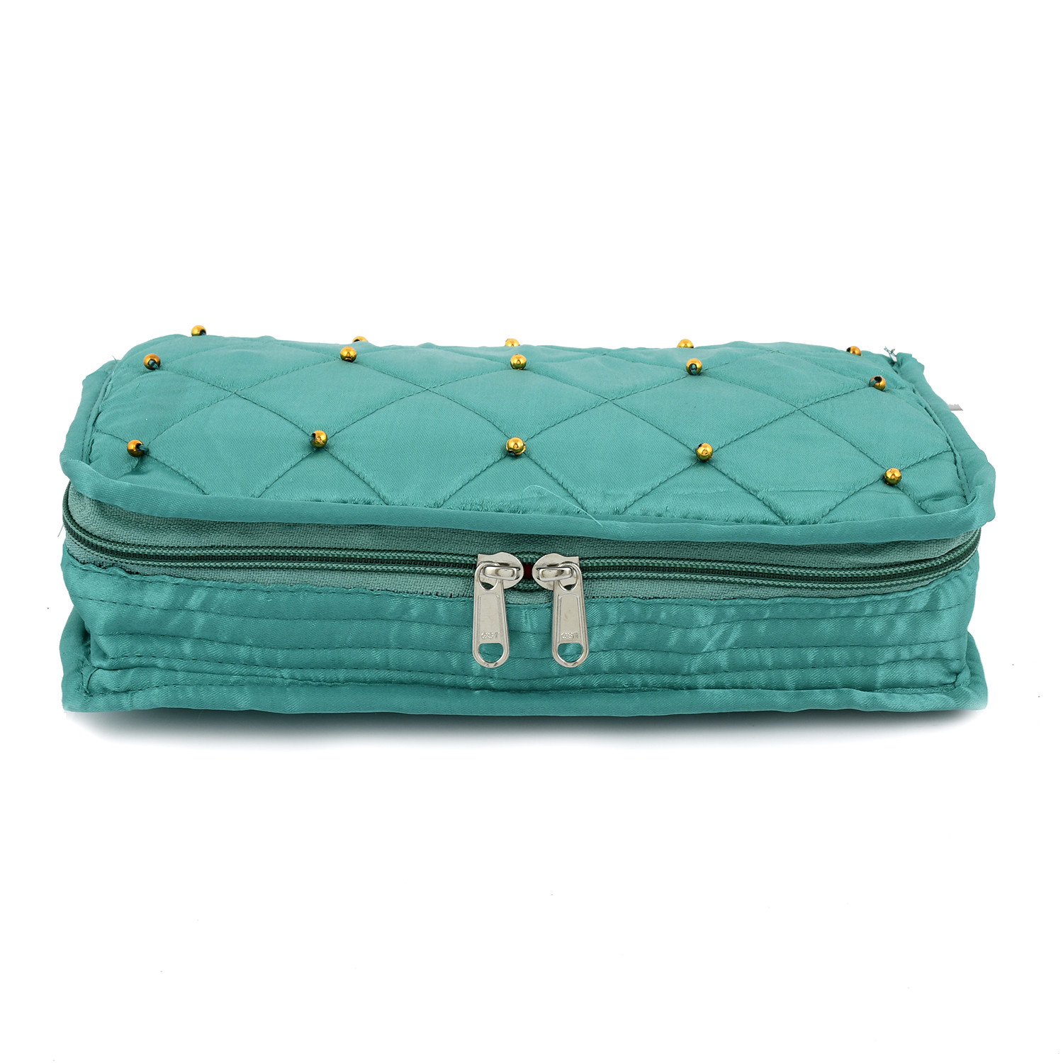 Kuber Industries Satin Beads Design 2 Pieces Jewellery Pouch Cum Makeup Oragniser Kit (Green & Grey)