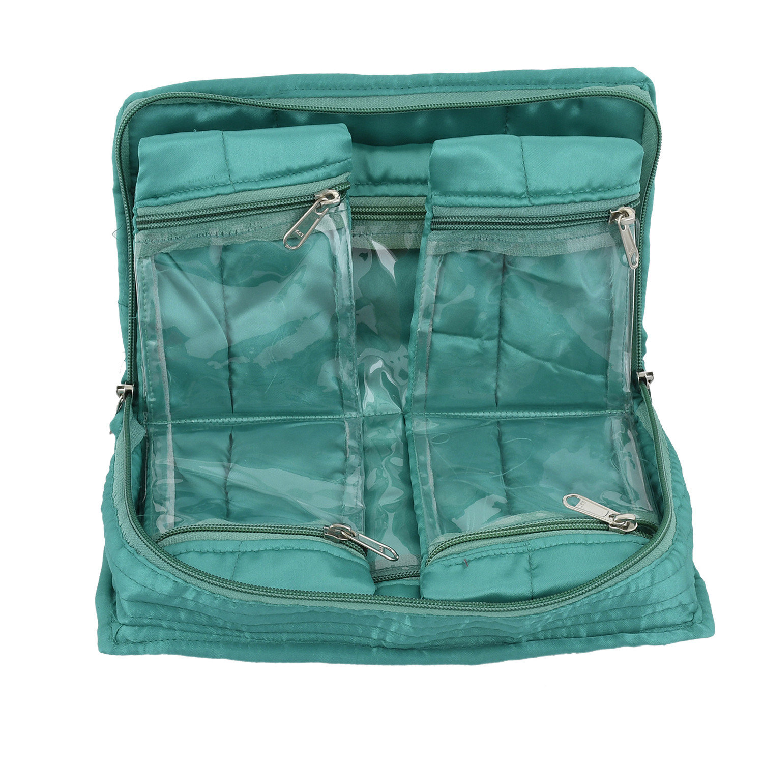 Kuber Industries Satin Beads Design 2 Pieces Jewellery Pouch Cum Makeup Oragniser Kit (Green & Grey)