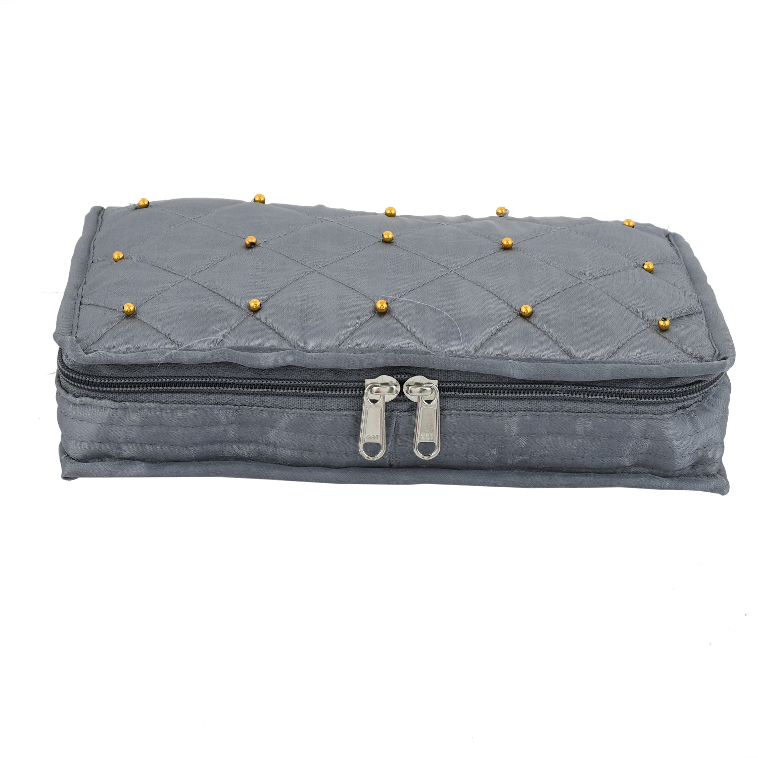 Kuber Industries Satin Beads Design Jewellery Pouch Cum Makeup Oragniser Kit (Grey)