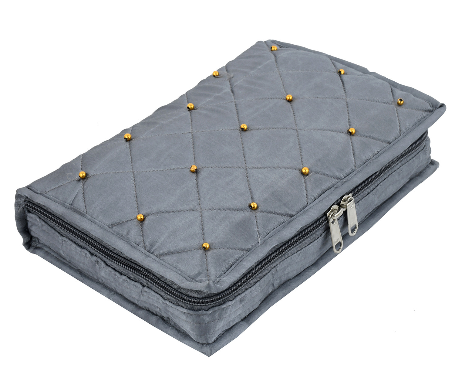 Kuber Industries Satin Beads Design Jewellery Pouch Cum Makeup Oragniser Kit (Grey)