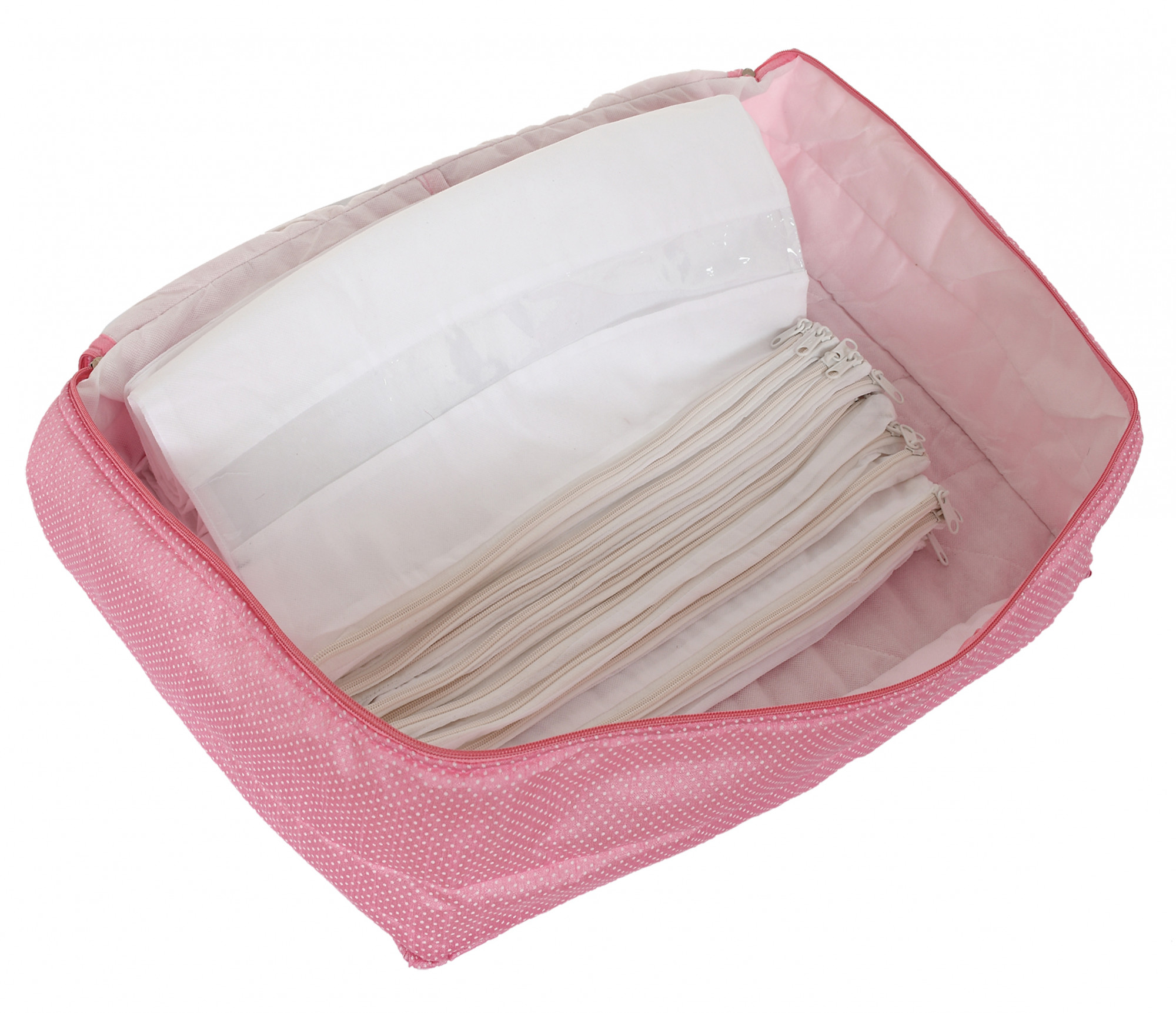 Kuber Industries Satin Dot Printed 12 Saree Flap In 1 Bag With Separate zipped For Wedding collection, Bridal set exclusive collection  (Pink)