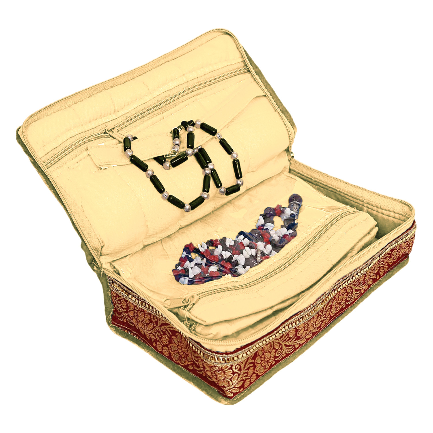Kuber Industries Satin Flower Print Jewellery Organizer For Watches, Small Jewellery With 4 Pouches (Cream)