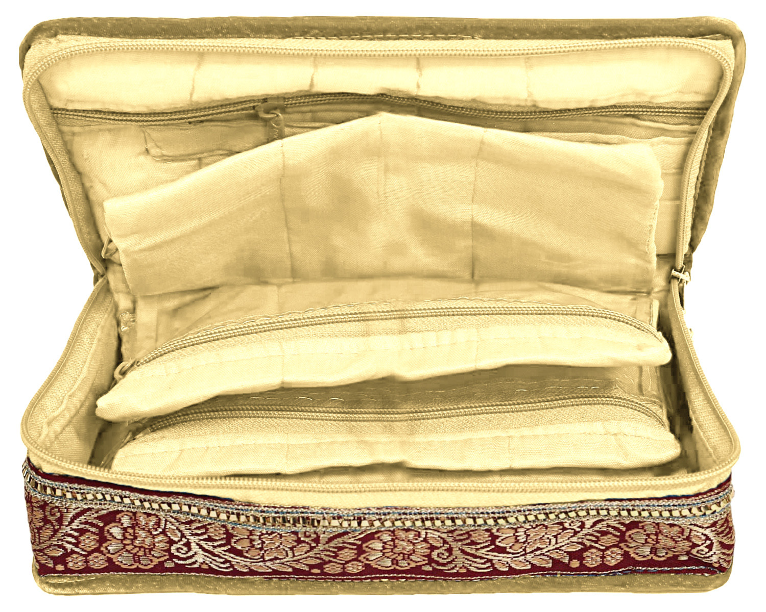 Kuber Industries Satin Flower Print Jewellery Organizer For Watches, Small Jewellery With 4 Pouches (Cream)
