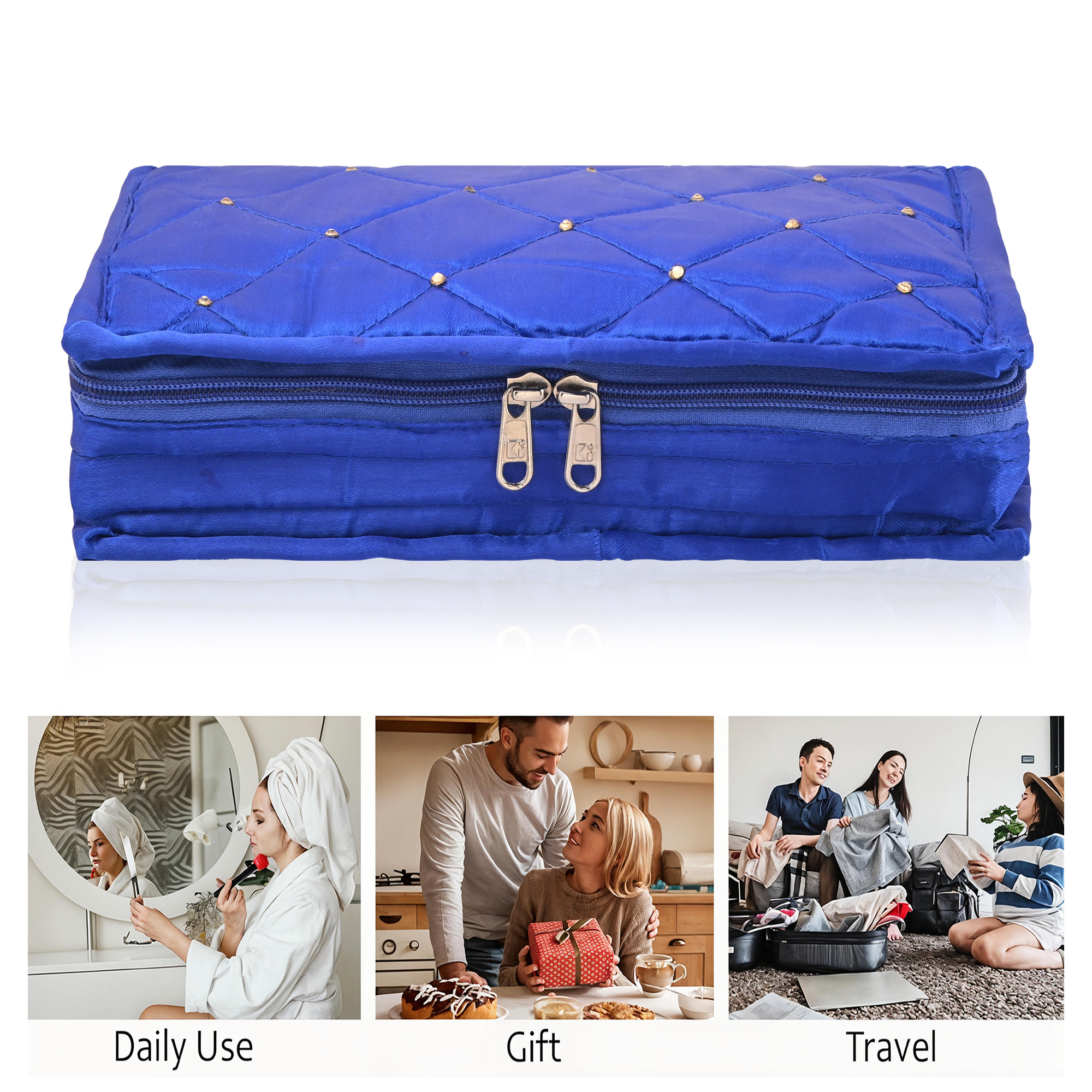 Kuber Industries Satin Large Jewellery Kit for Girls  Women with 6 Storage Pouches  Lightweight  Multipurpose Jewellery Organizer for Necklace  Rings  Moti Design - Blue