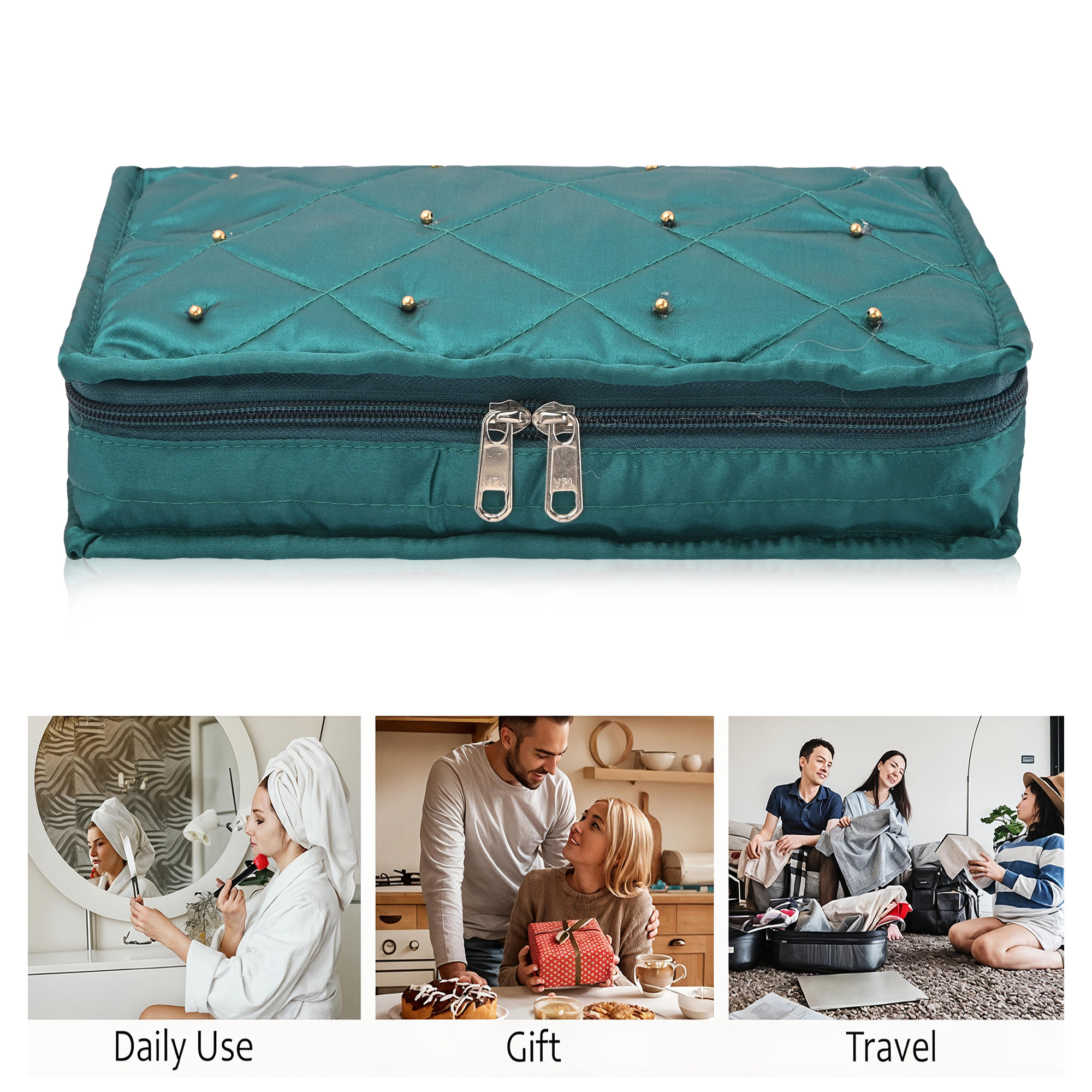 Kuber Industries Satin Large Jewellery Kit with 6 Pouches  Foldable Jewellery Organisers Bag for Necklaces Rings Earrings  Bracelets  Moti Design - Green