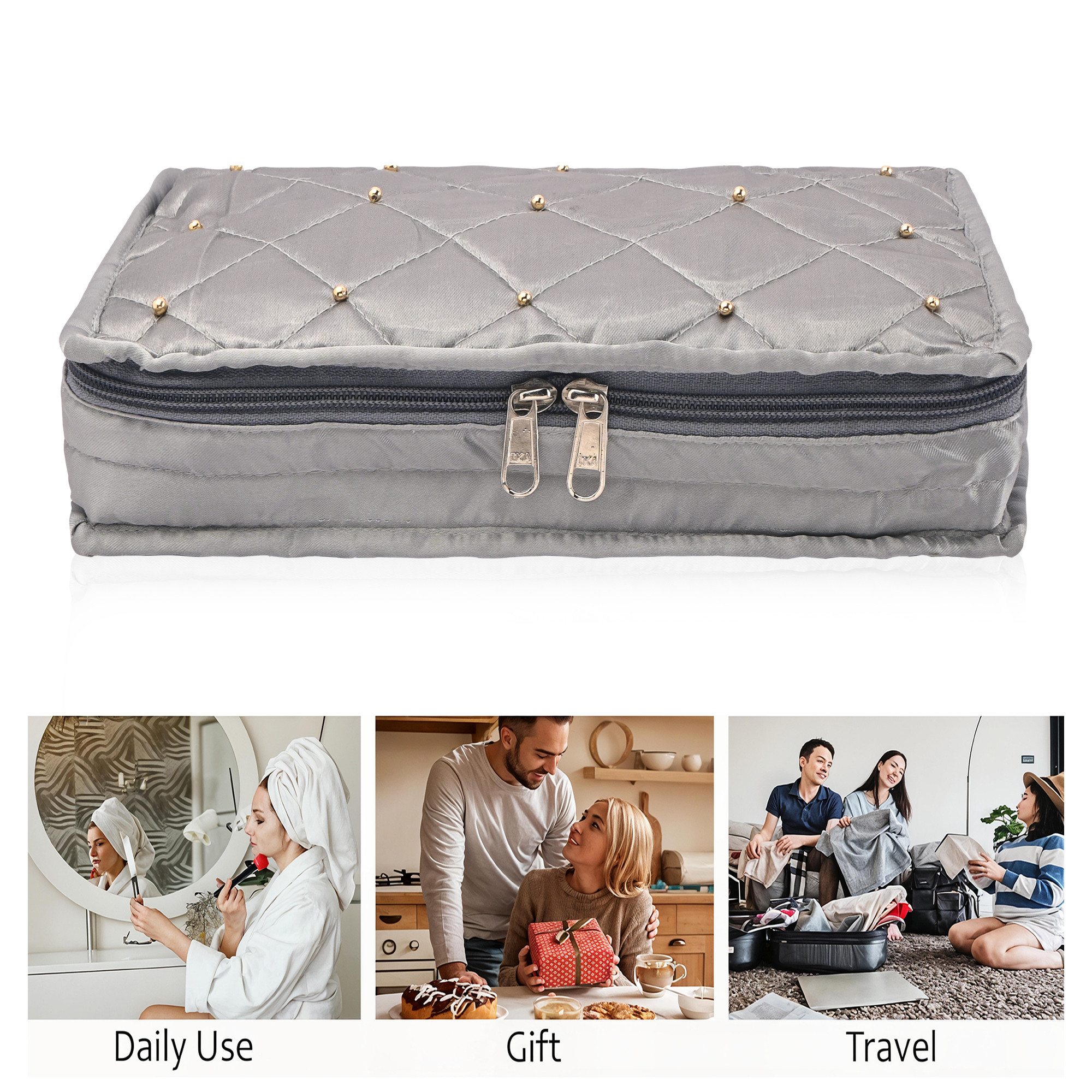 Kuber Industries Satin Large Jewellery Kit with 6 Pouches  Foldable Jewellery Organisers Bag for Necklaces Rings Earrings  Bracelets  Moti Design - Grey