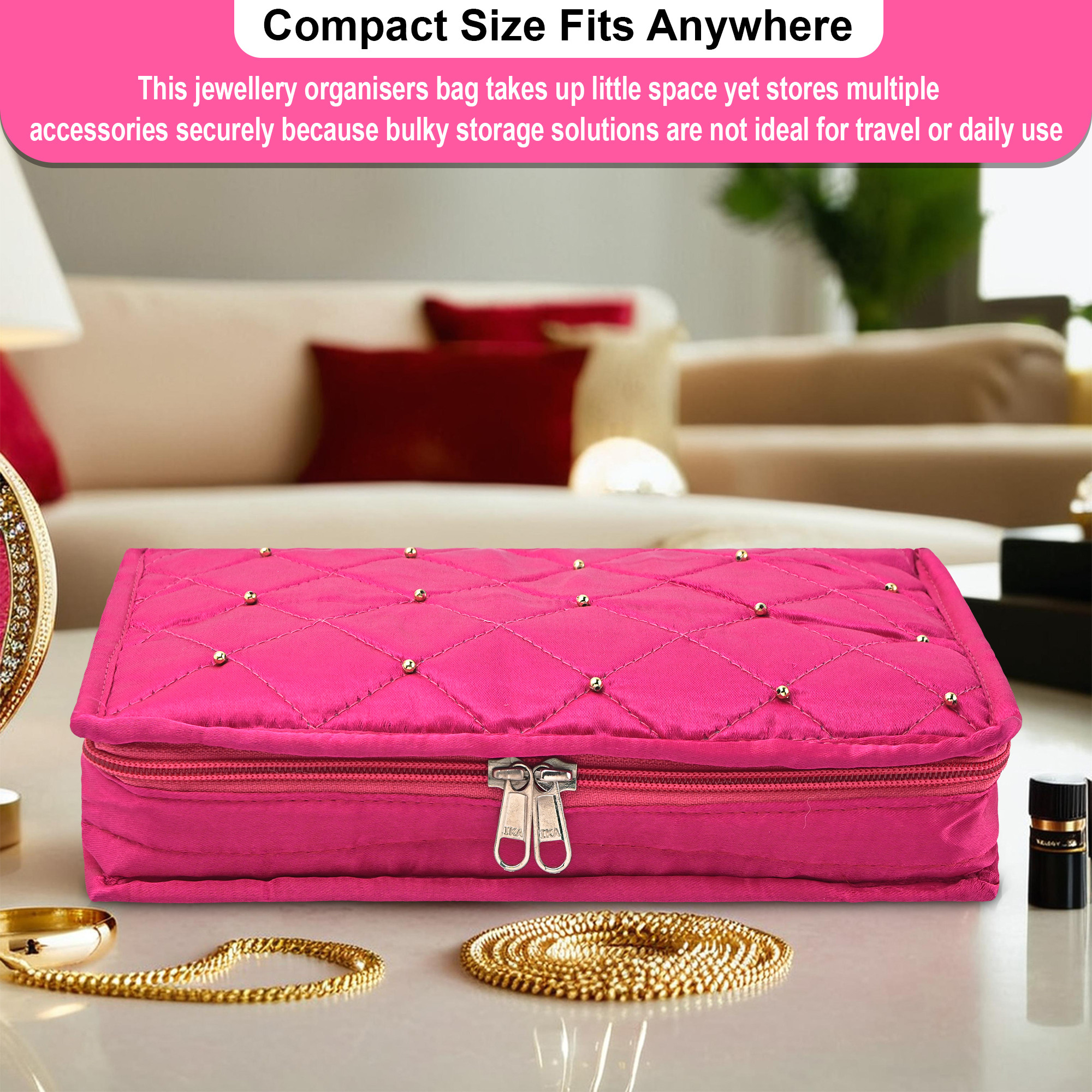 Kuber Industries Satin Large Jewellery Organisers Pouch for Women with 6 Compartments  Lightweight  Multipurpose Jewellery Kit for Necklace  Rings  Moti Design - Pink