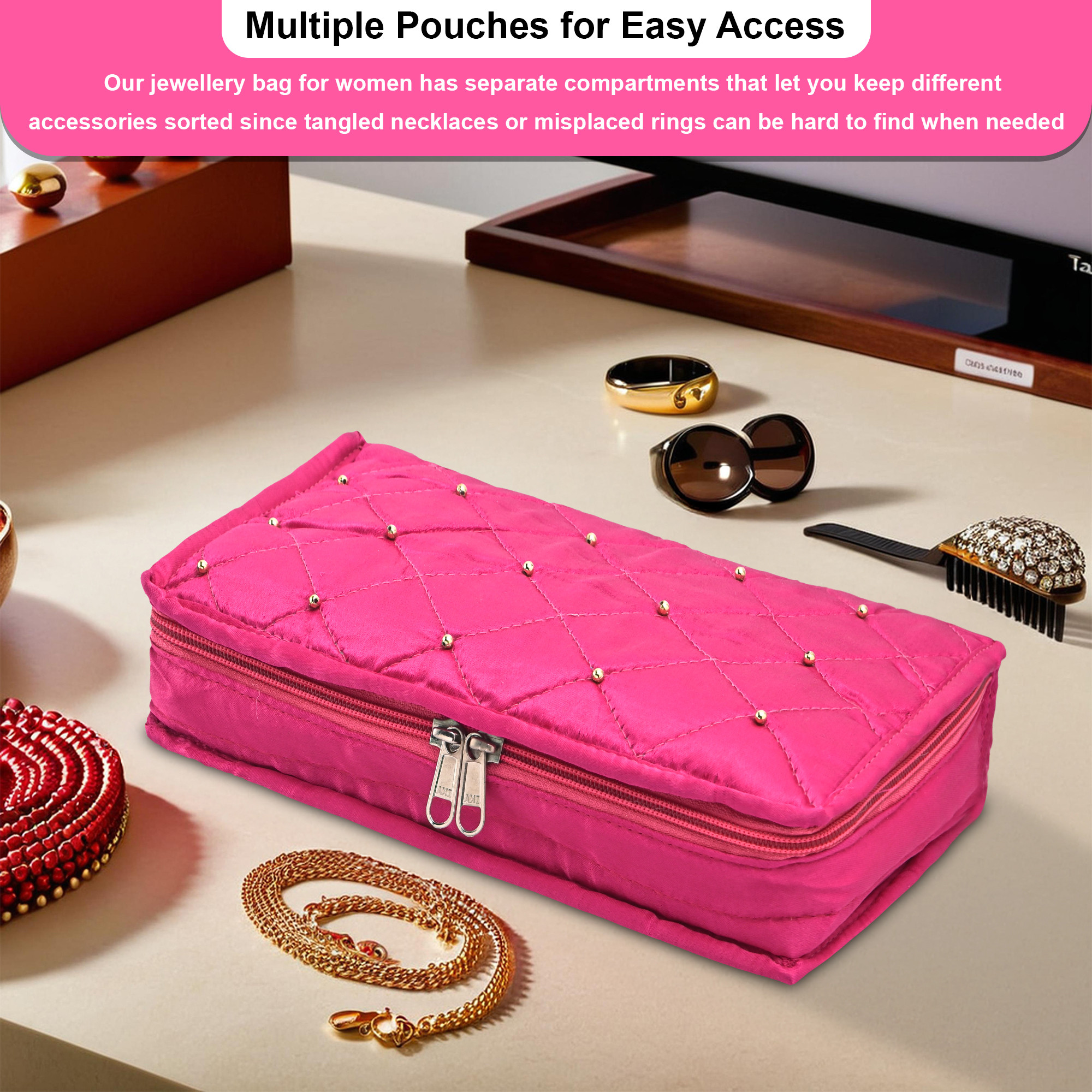 Kuber Industries Satin Large Jewellery Organisers Pouch for Women with 6 Compartments  Lightweight  Multipurpose Jewellery Kit for Necklace  Rings  Moti Design - Pink