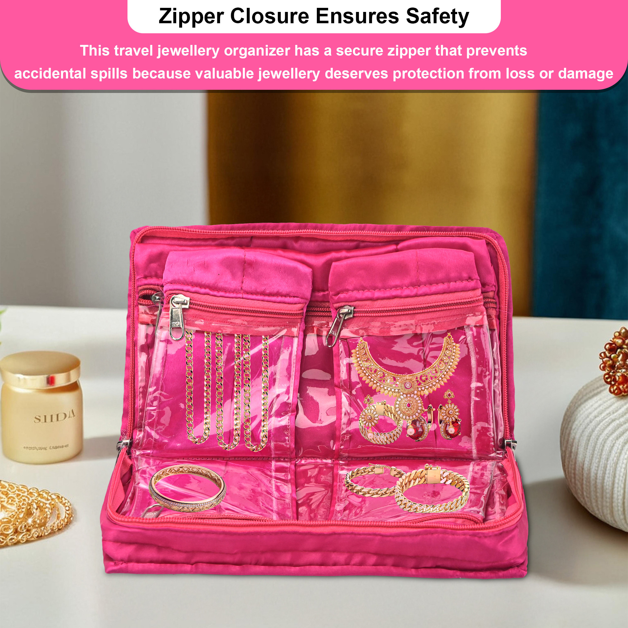 Kuber Industries Satin Large Jewellery Organisers Pouch for Women with 6 Compartments  Lightweight  Multipurpose Jewellery Kit for Necklace  Rings  Moti Design - Pink