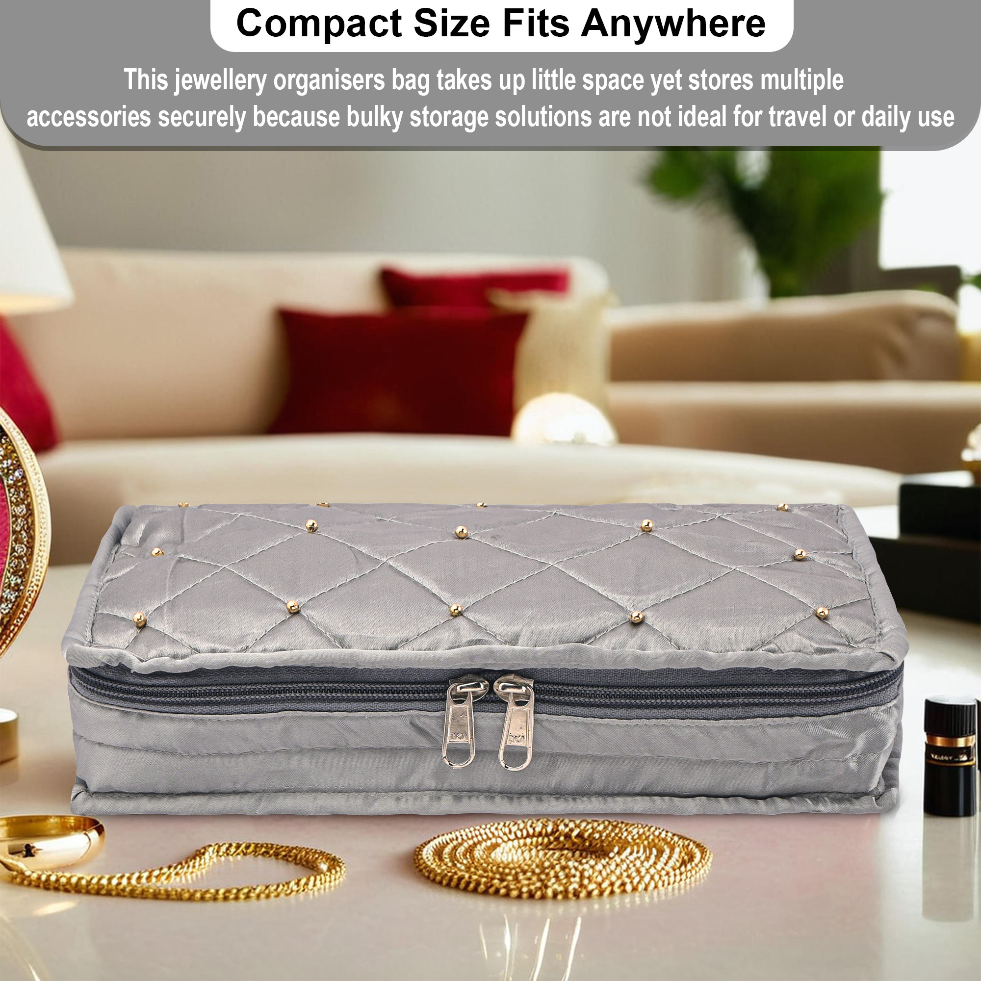 Kuber Industries Satin Large Jewellery Pouches for Storage Necklace  Bangles with 6 Pouches  Jewellery Kit  Bag  Organiser for Women  Moti Design - Grey