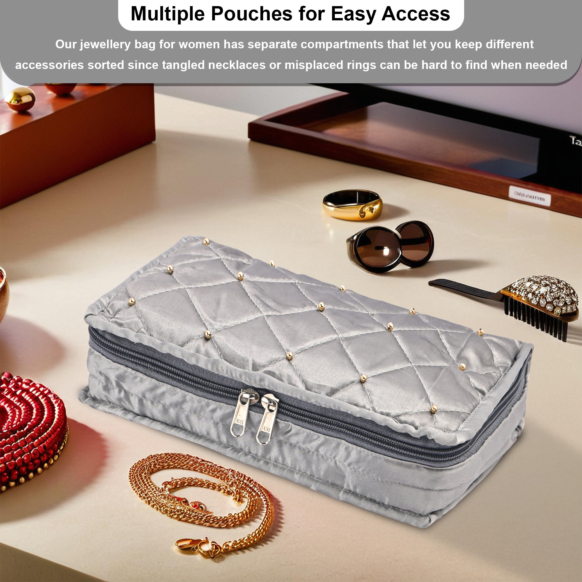 Kuber Industries Satin Large Jewellery Pouches for Storage Necklace  Bangles with 6 Pouches  Jewellery Kit  Bag  Organiser for Women  Moti Design - Grey