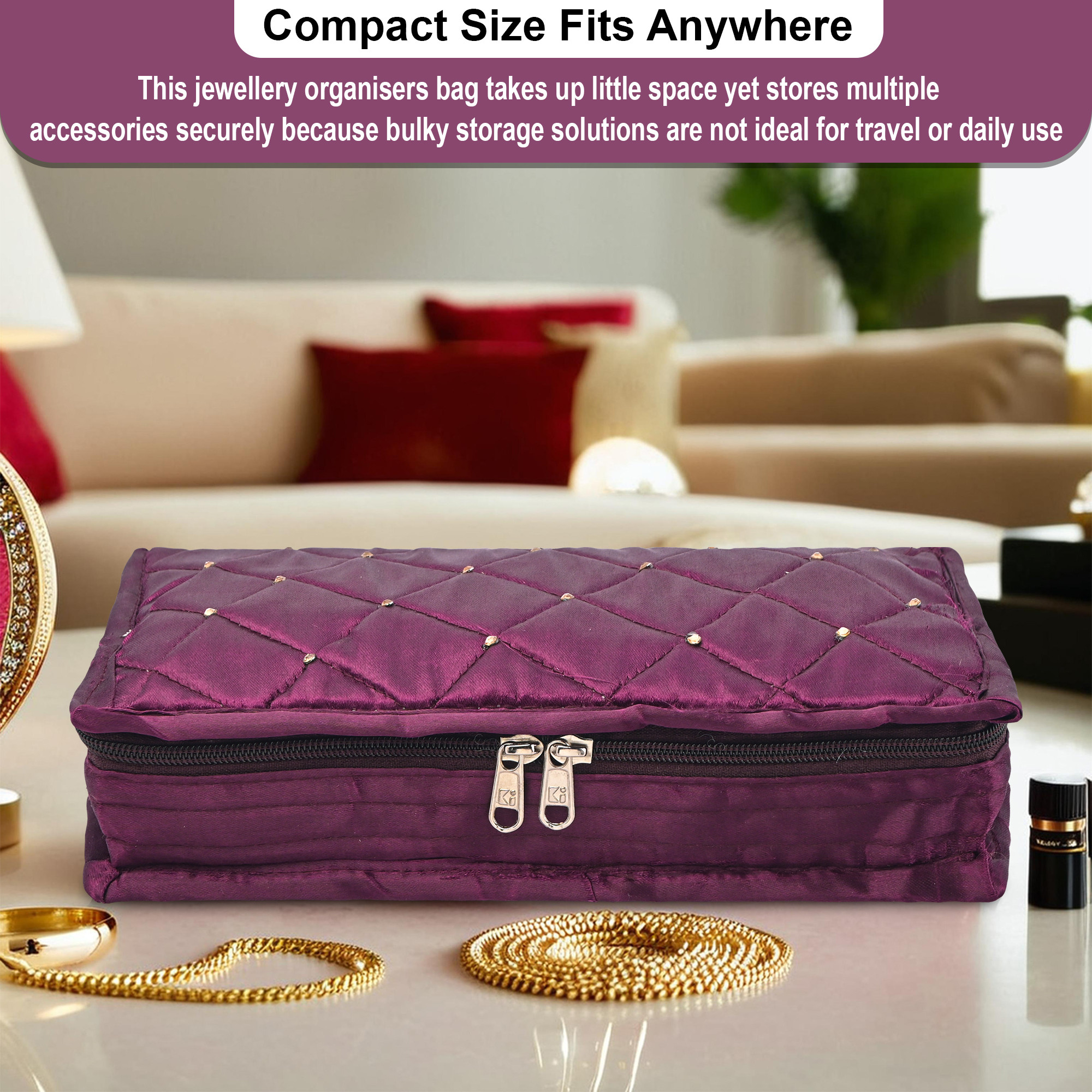 Kuber Industries Satin Large Jewellery Pouches for Storage Necklace  Bangles with 6 Pouches  Jewellery Kit  Bag  Organiser for Women  Moti Design - Purple