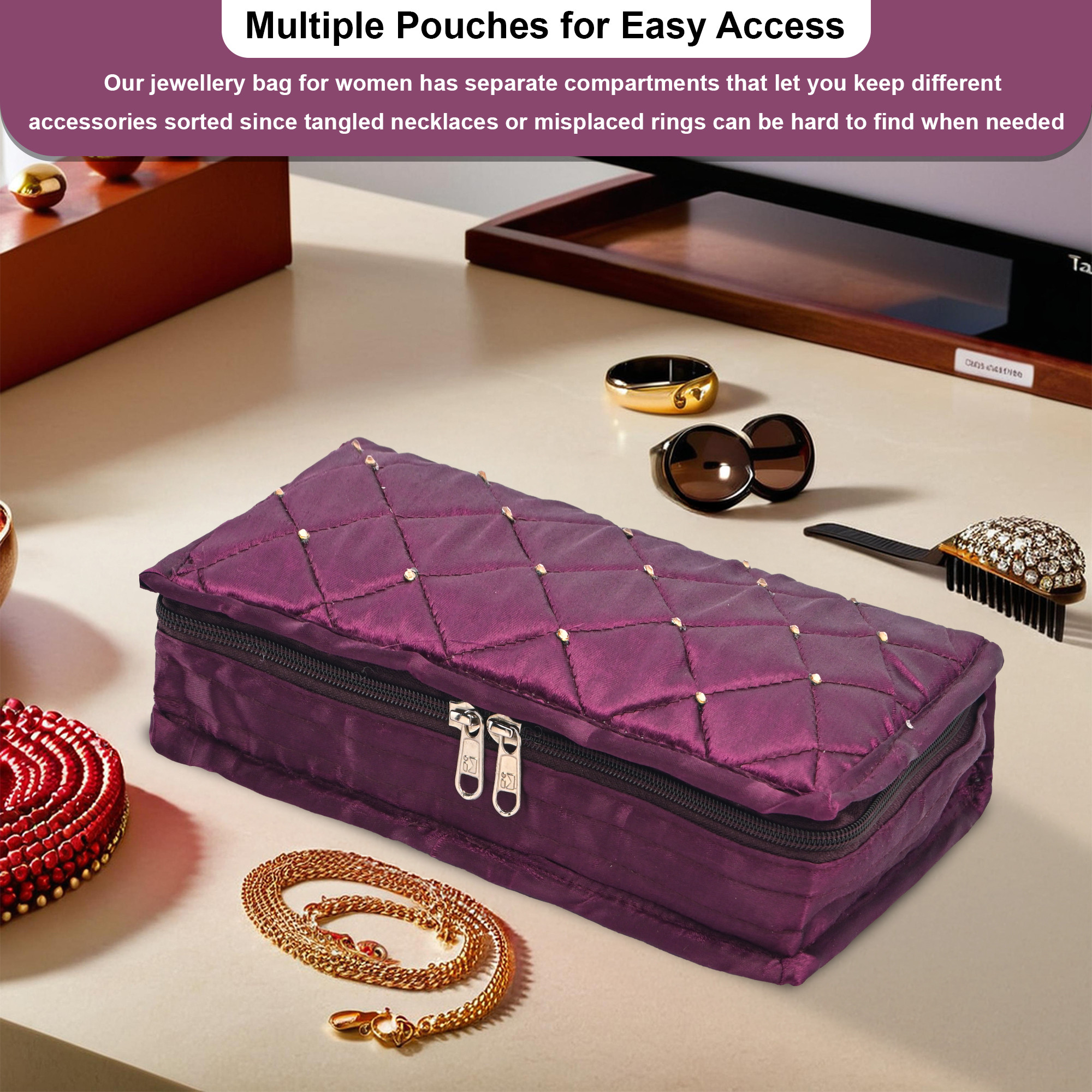 Kuber Industries Satin Large Jewellery Pouches for Storage Necklace  Bangles with 6 Pouches  Jewellery Kit  Bag  Organiser for Women  Moti Design - Purple