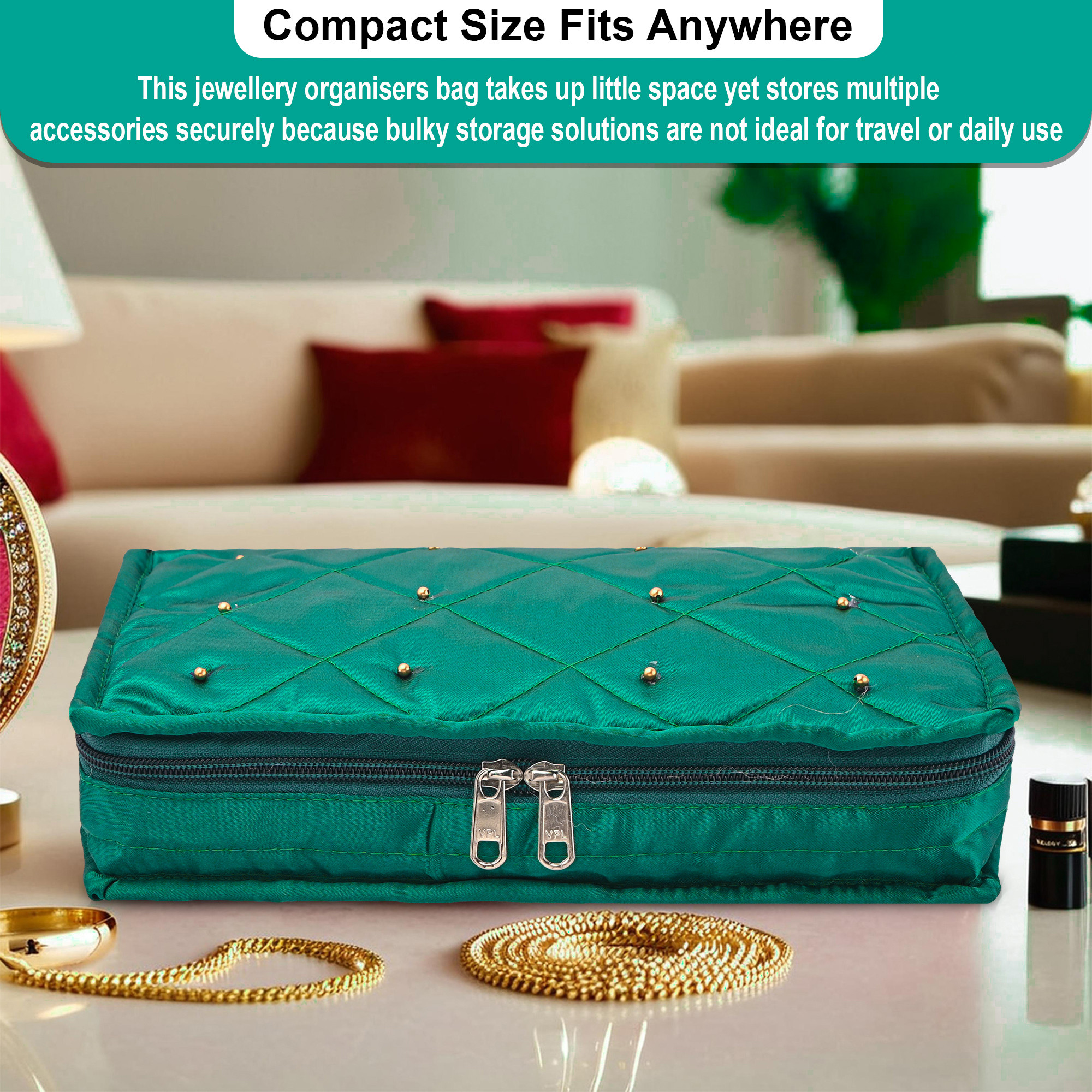 Kuber Industries Satin Large Jewellery Pouches for Storage Necklace  Bangles with 6 Pouches  Jewellery Kit  Bag  Organiser for Women  Moti Design - Green