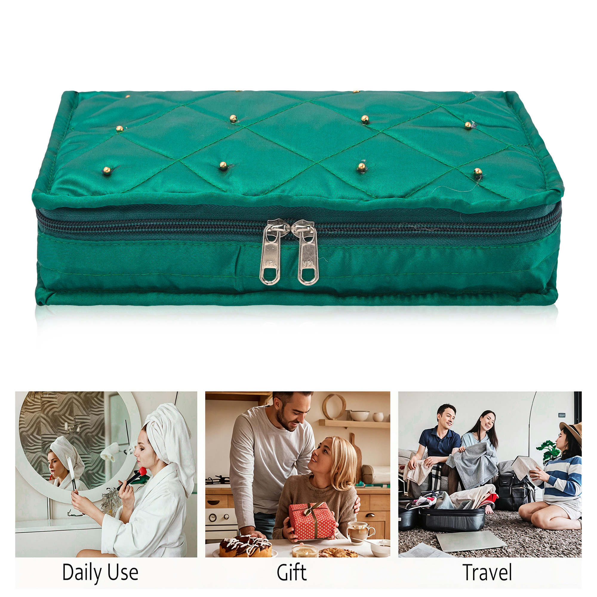 Kuber Industries Satin Large Jewellery Pouches for Storage Necklace  Bangles with 6 Pouches  Jewellery Kit  Bag  Organiser for Women  Moti Design - Green