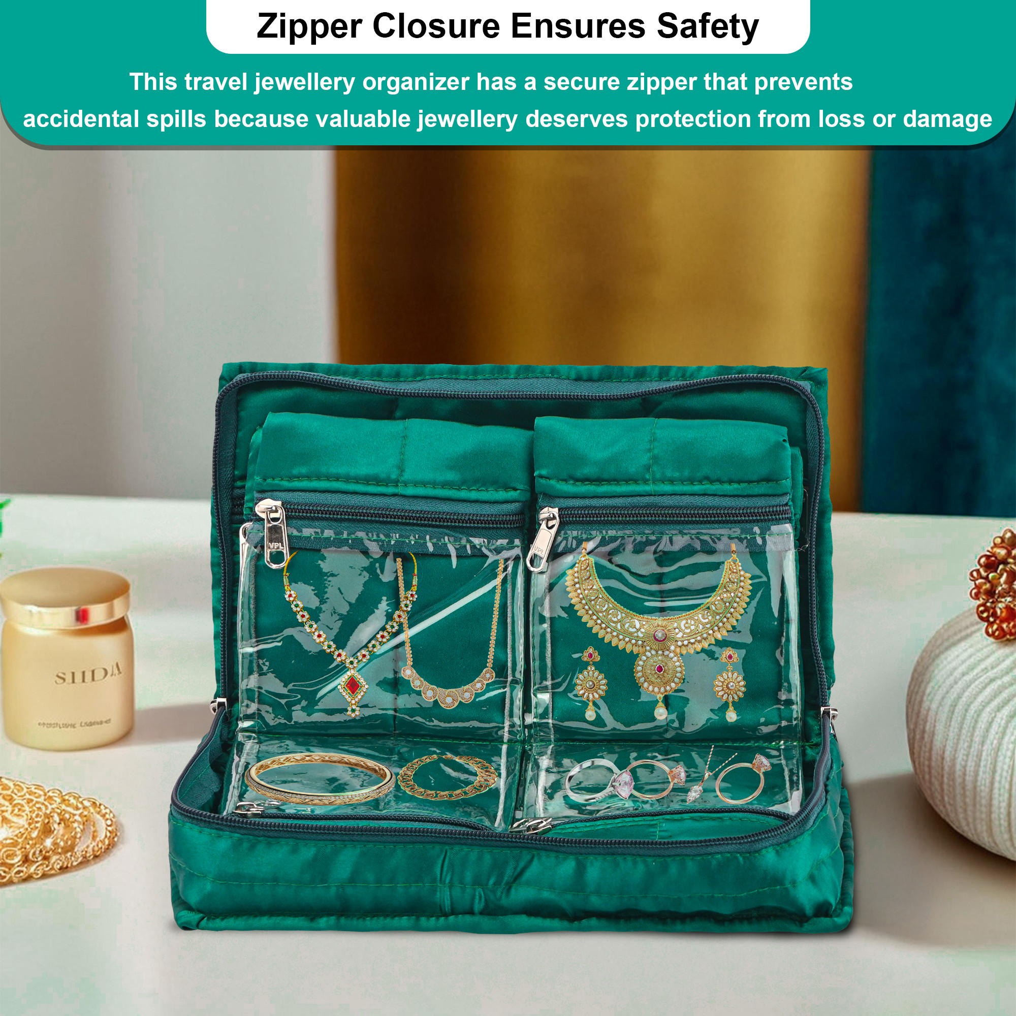 Kuber Industries Satin Large Jewellery Pouches for Storage Necklace  Bangles with 6 Pouches  Jewellery Kit  Bag  Organiser for Women  Moti Design - Green