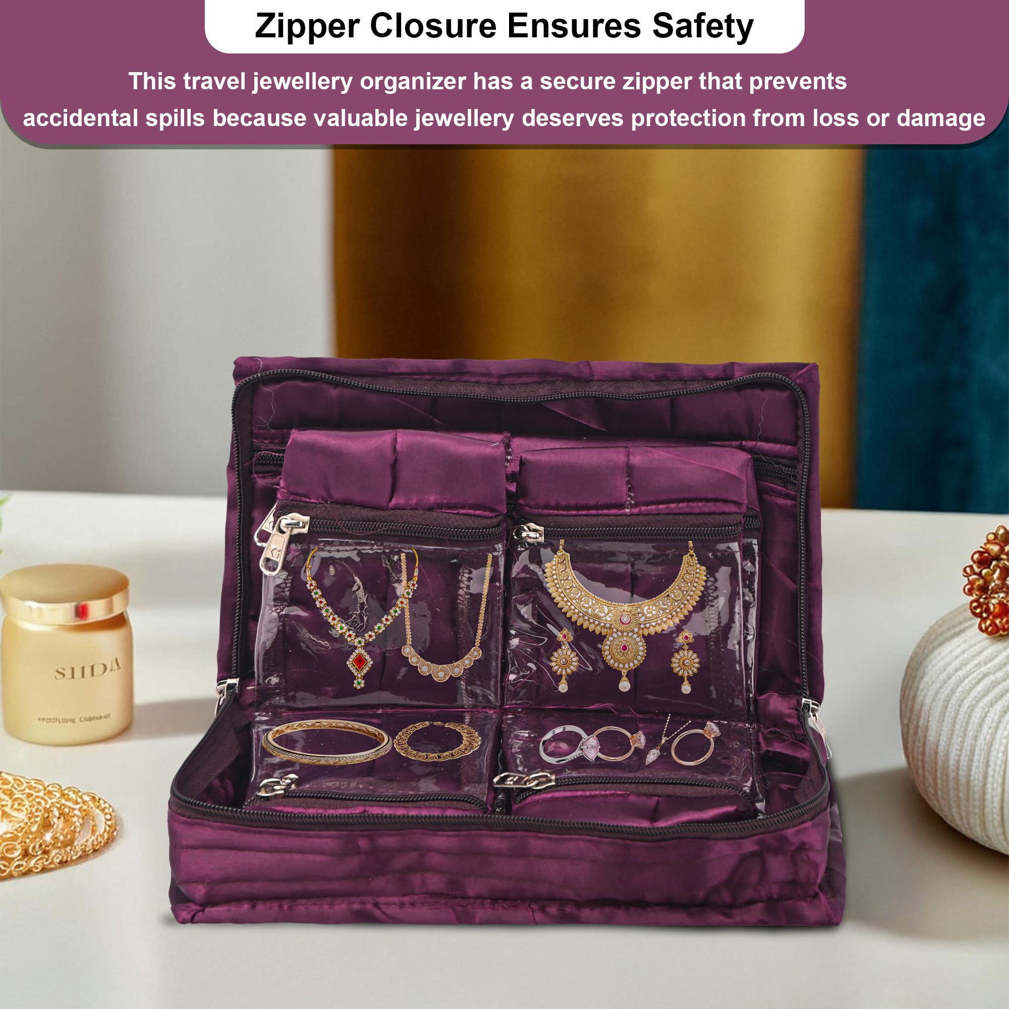 Kuber Industries Satin Large Jewellery Pouches for Storage Necklace  Bangles with 6 Pouches  Jewellery Kit  Bag  Organiser for Women  Moti Design - Purple