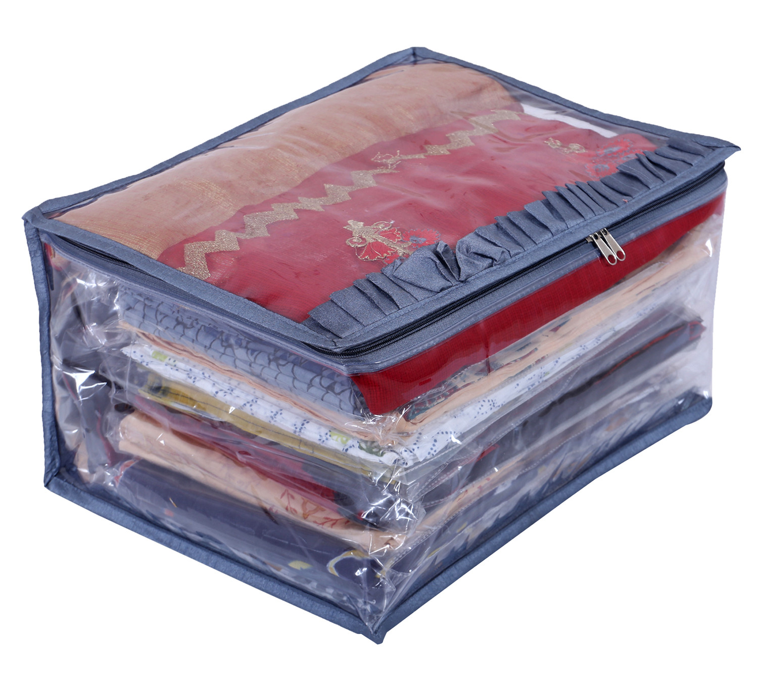Kuber Industries Satin Water Resistant & Foldable Saree Cover|Clothes Organizer for Home & Travel Top Transparent With Zipper,17 x 9 Inch,(Gray)