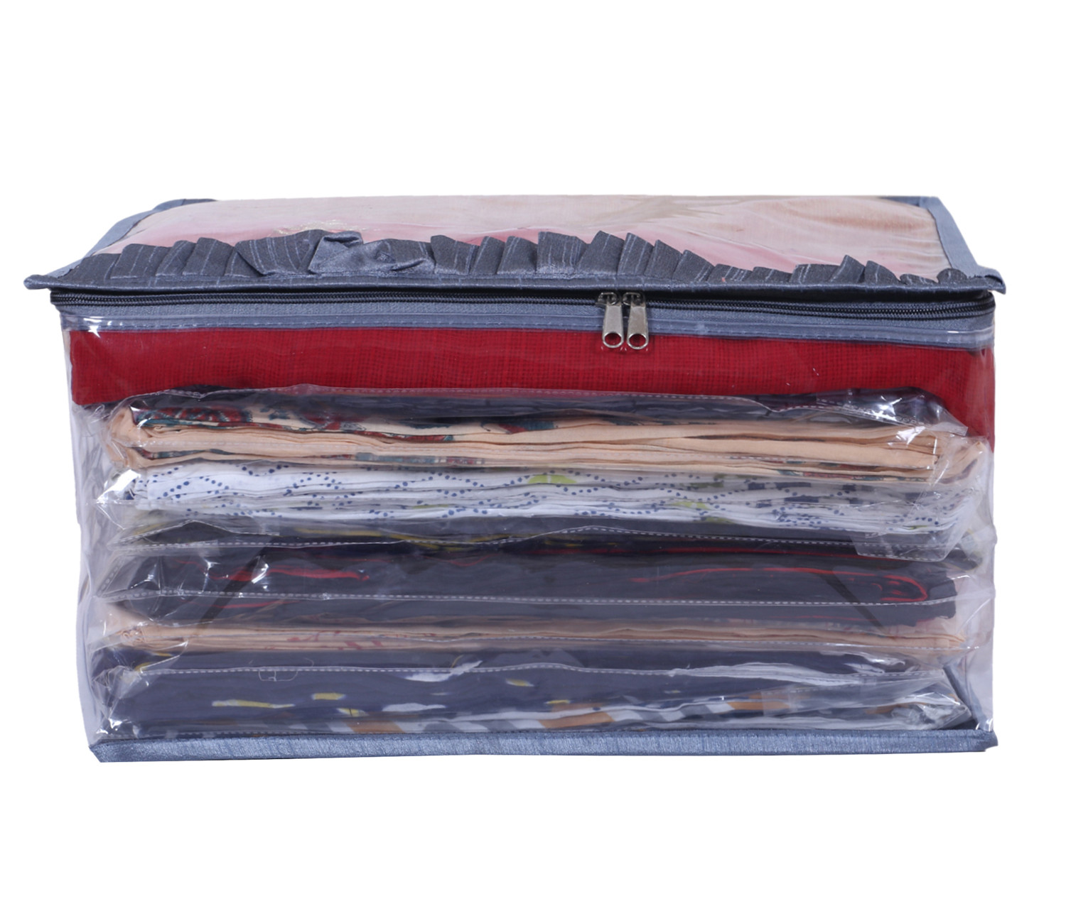 Kuber Industries Satin Water Resistant & Foldable Saree Cover|Clothes Organizer for Home & Travel Top Transparent With Zipper,17 x 9 Inch,(Gray)